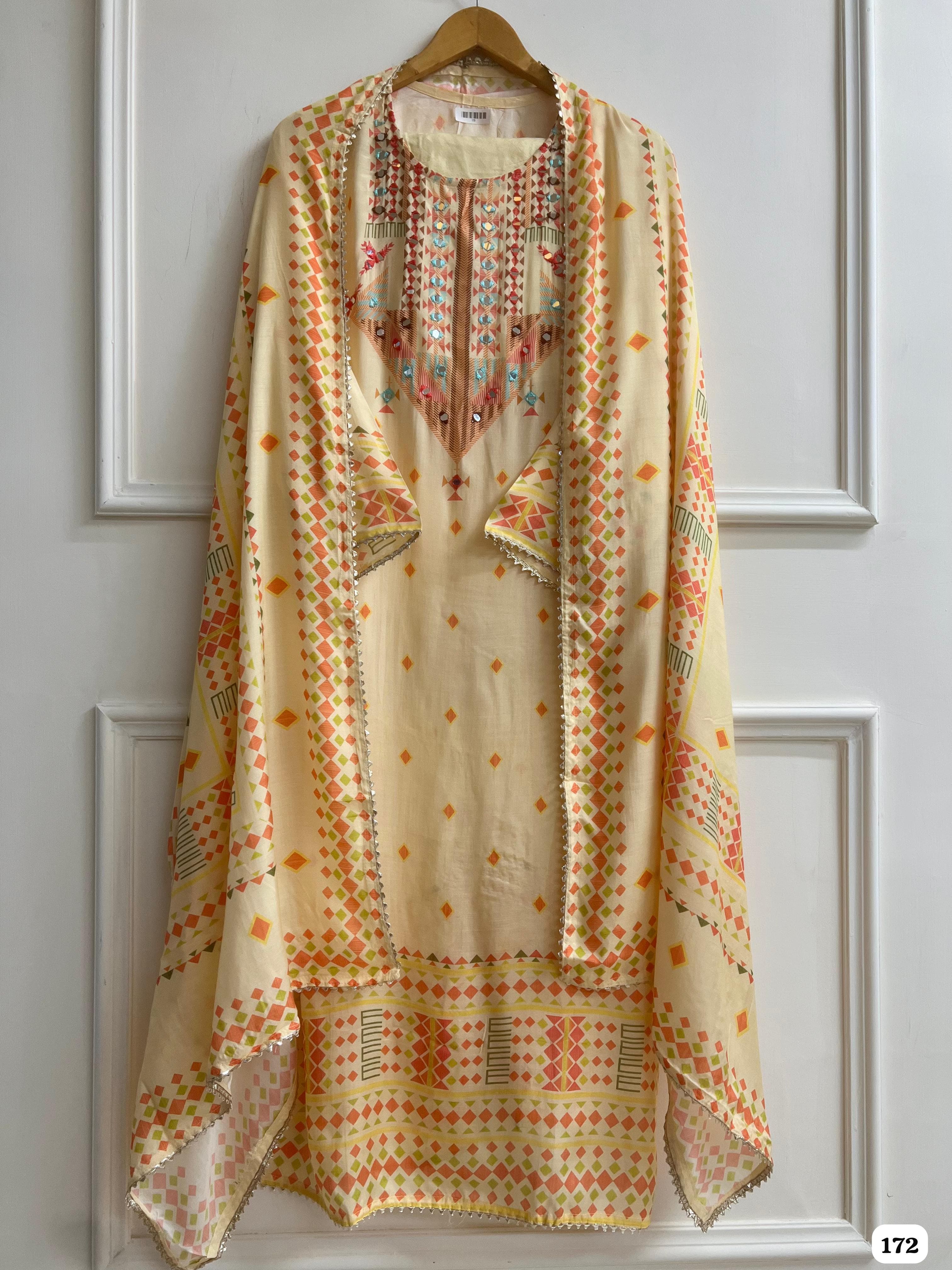 Light Beige or Cream Muslin Printed Semi Stitched Hand Embroidered Set Of 3 {172}