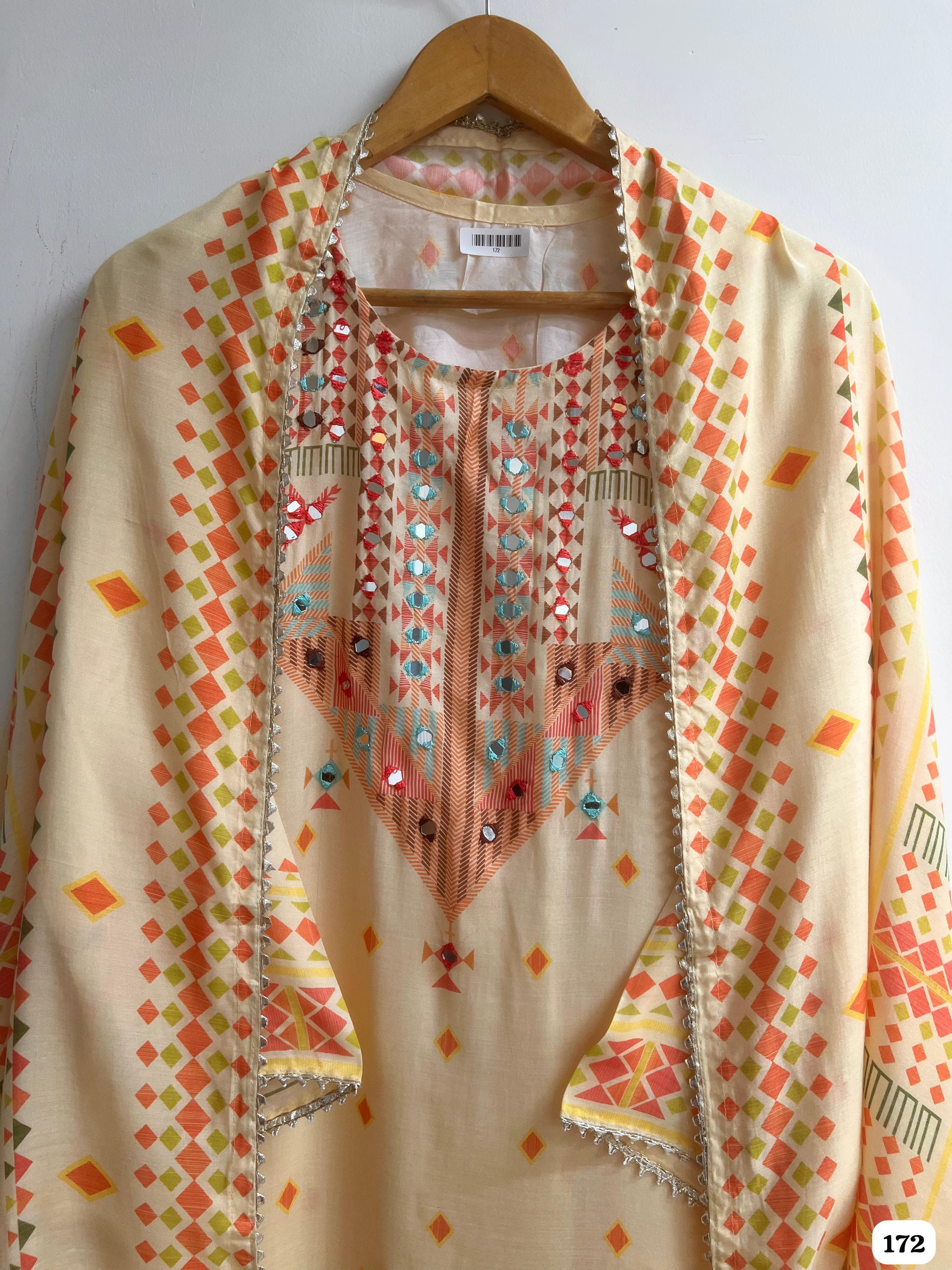 Light Beige or Cream Muslin Printed Semi Stitched Hand Embroidered Set Of 3 {172}