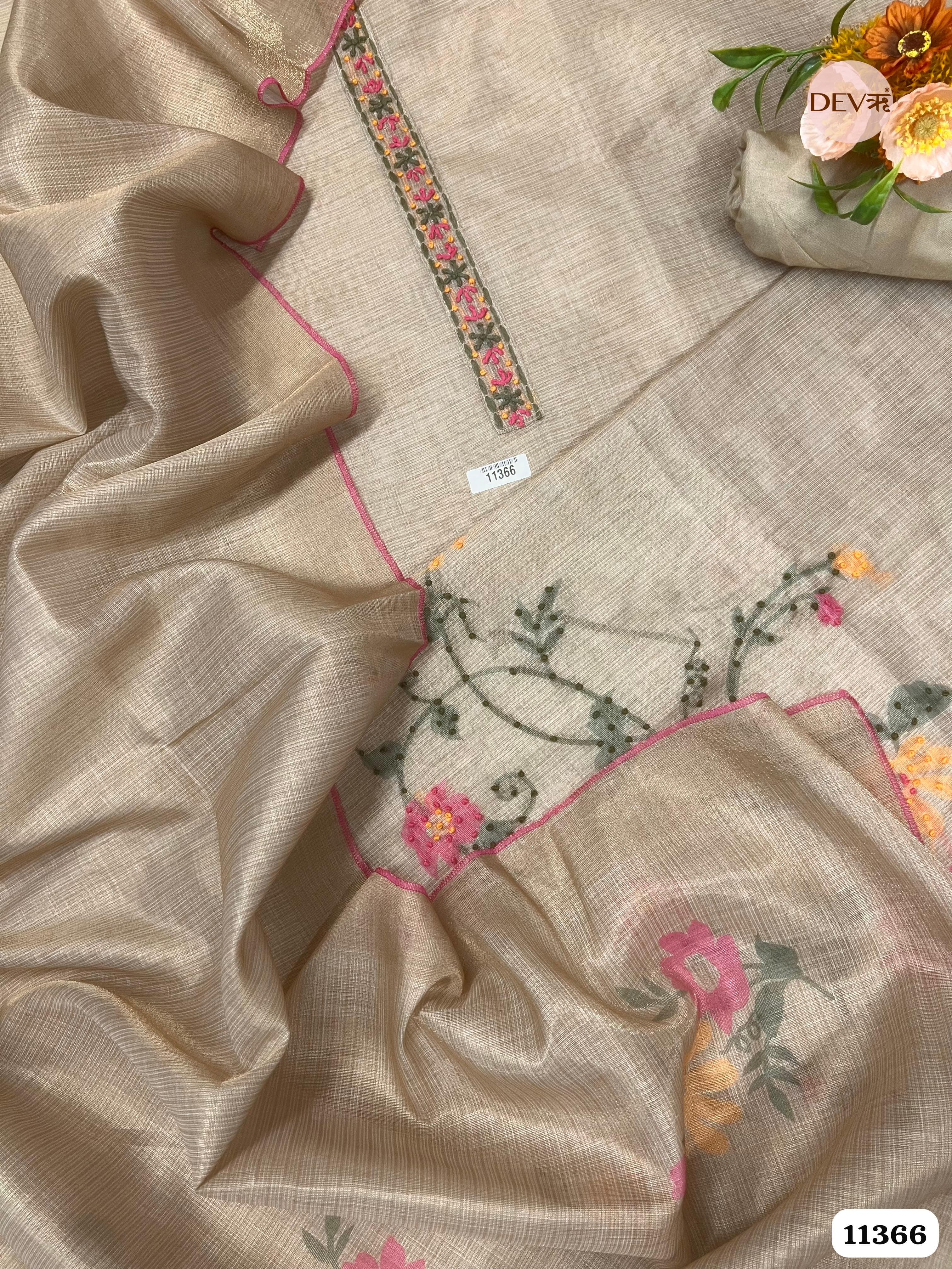 Cream Kota Silk Unstitched Woven Embroidered -Set Of 3