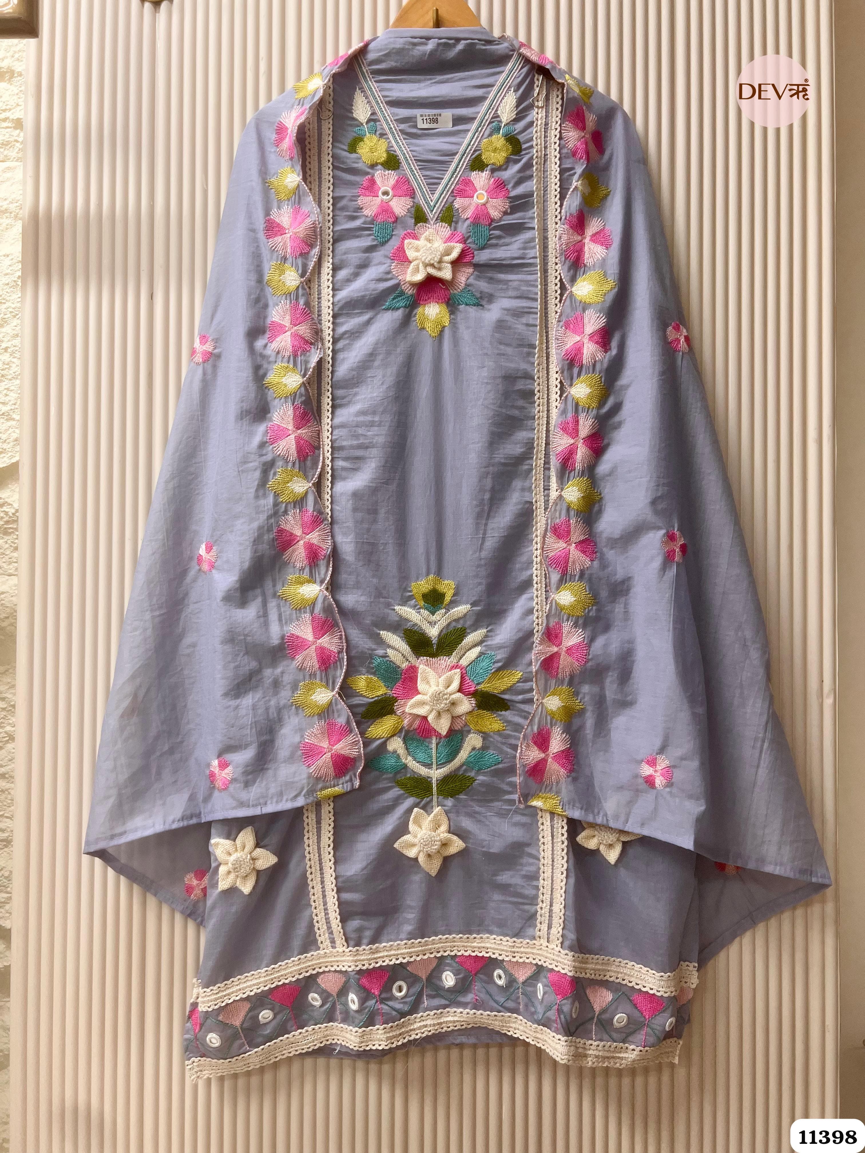 Blue Mul Chanderi Unstitched Embroidered -Set Of 3 {11398}