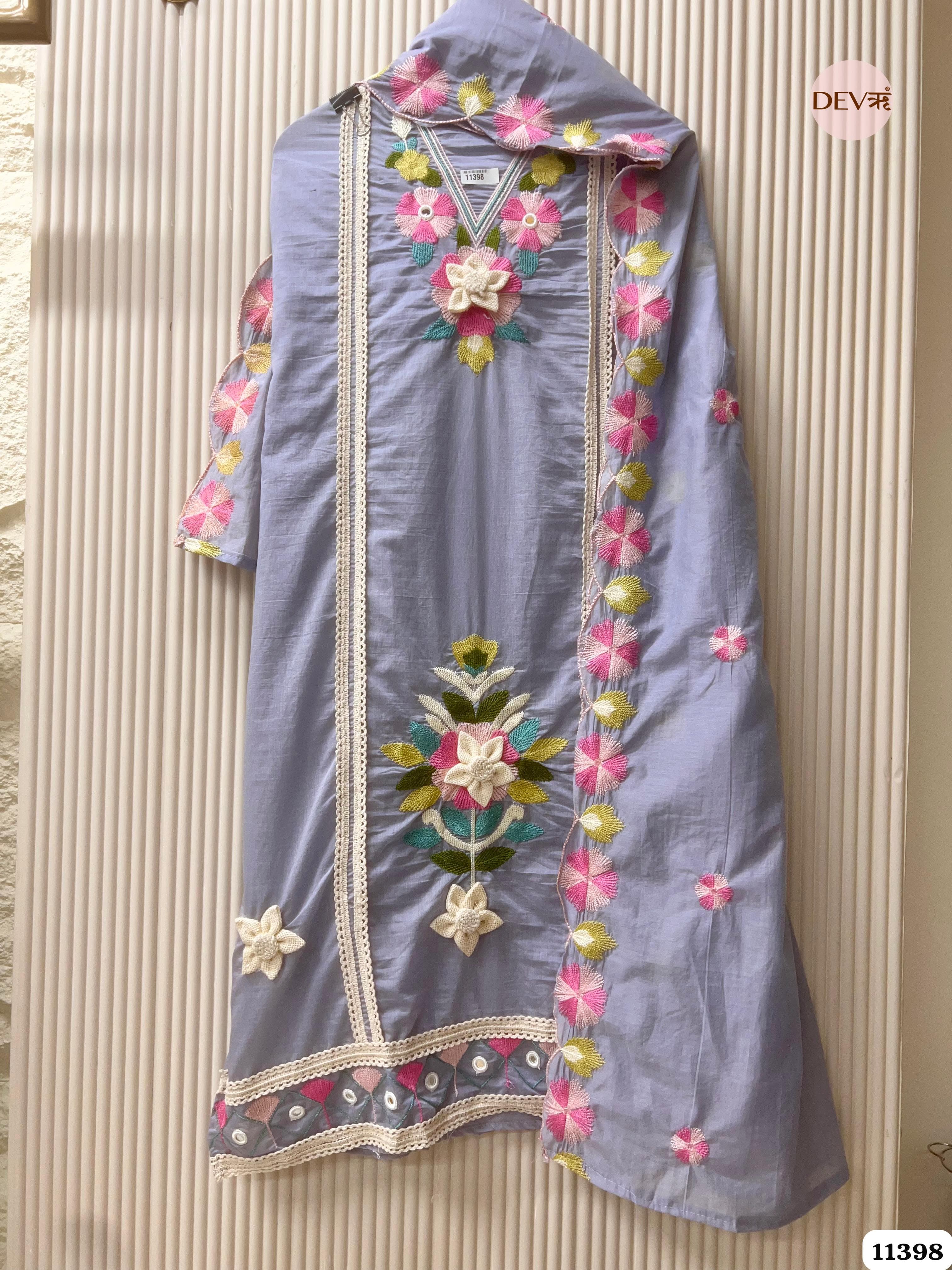 Blue Mul Chanderi Unstitched Embroidered -Set Of 3 {11398}