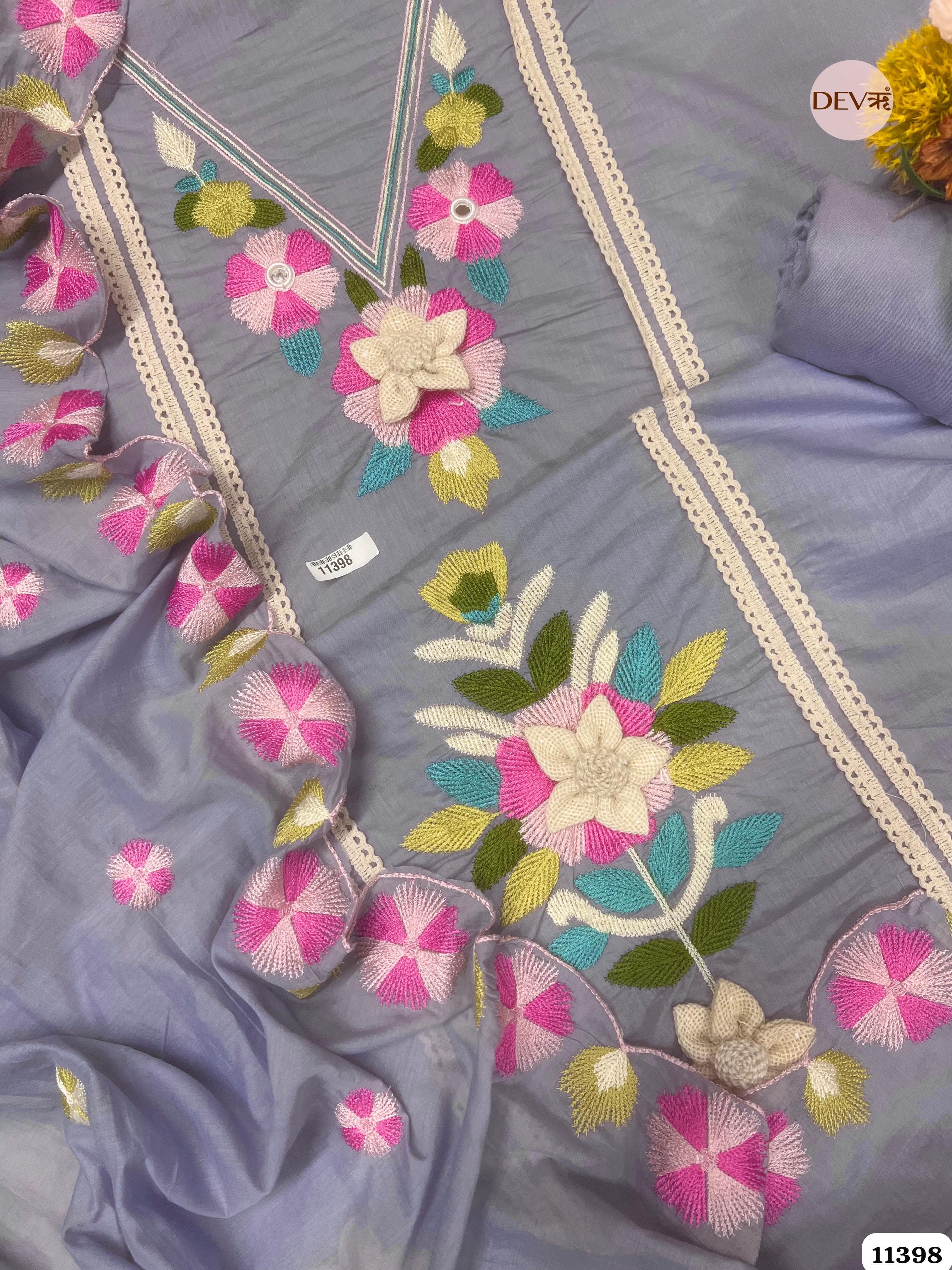 Blue Mul Chanderi Unstitched Embroidered -Set Of 3 {11398}
