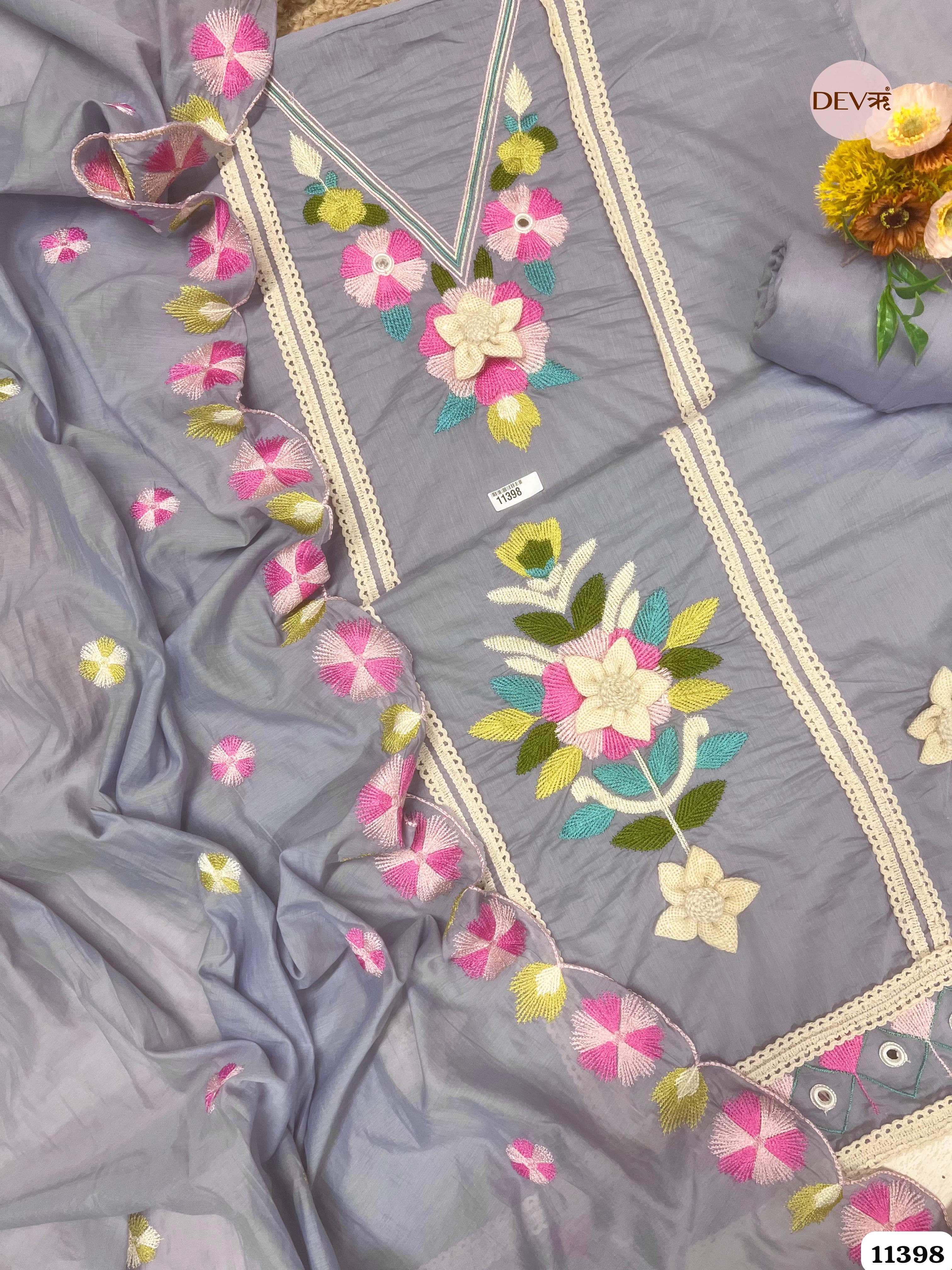 Blue Mul Chanderi Unstitched Embroidered -Set Of 3 {11398}