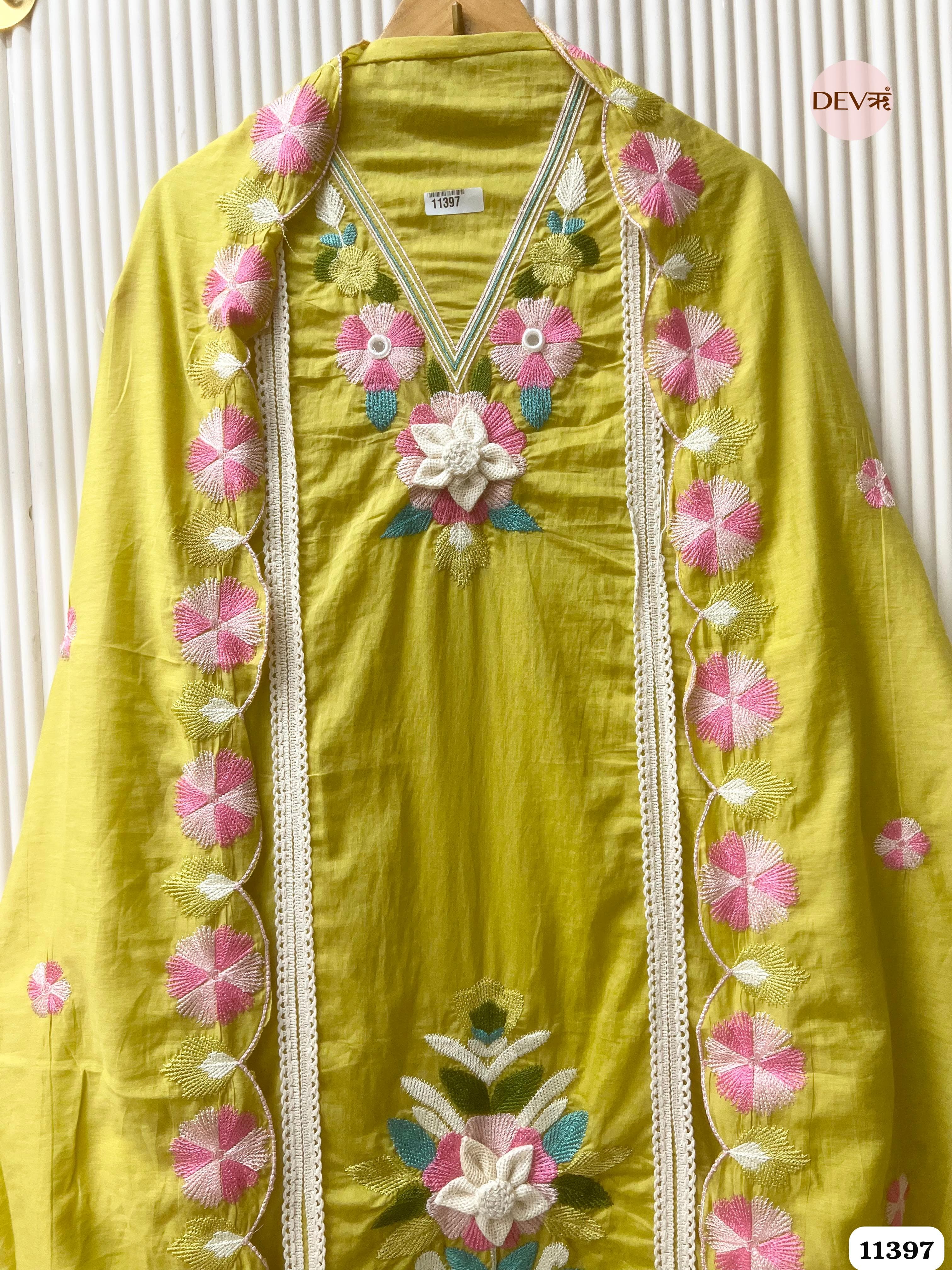Mustard Yellow Mul Chanderi Unstitched Embroidered -Set Of 3 {11397}
