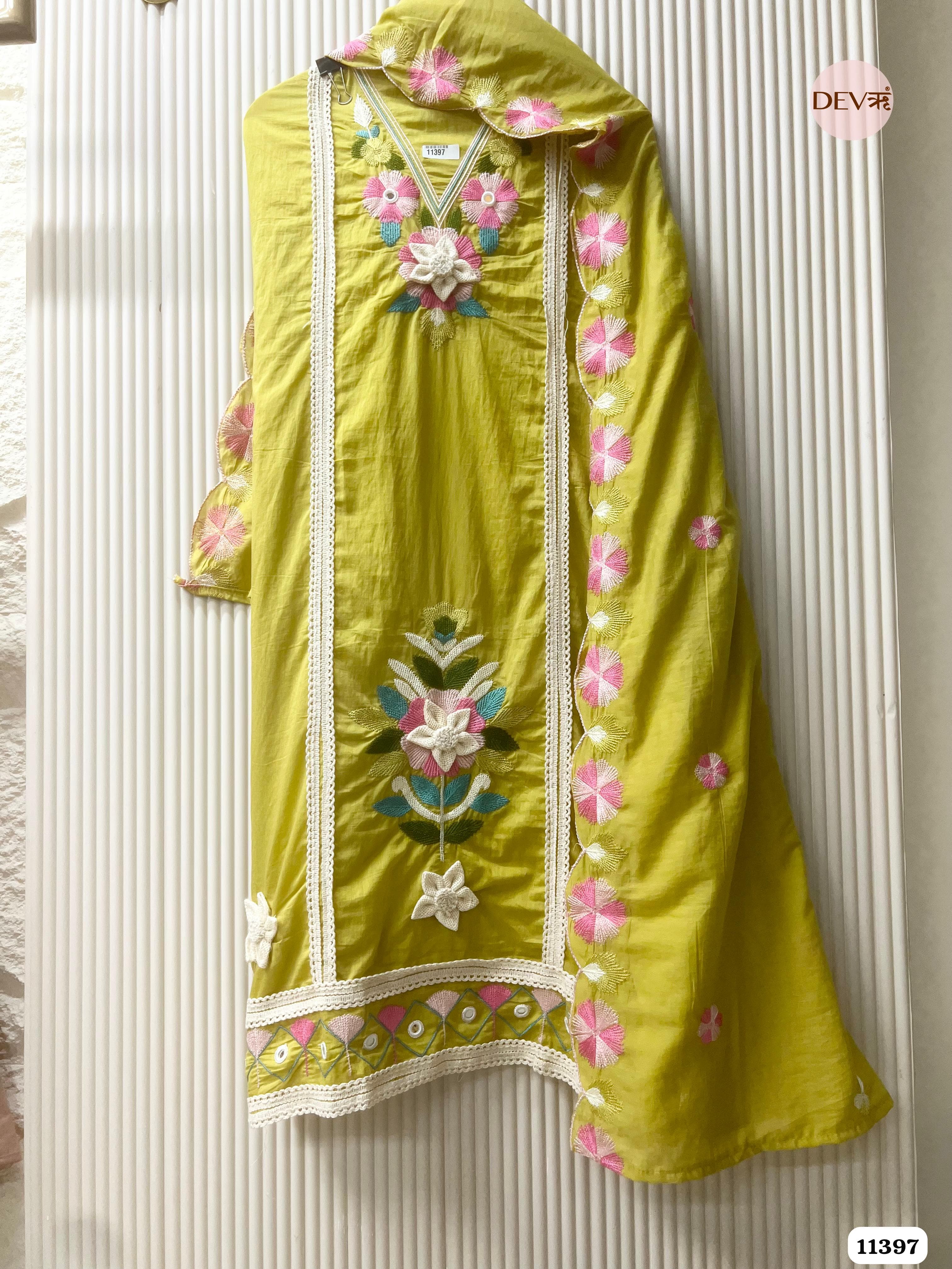 Mustard Yellow Mul Chanderi Unstitched Embroidered -Set Of 3 {11397}