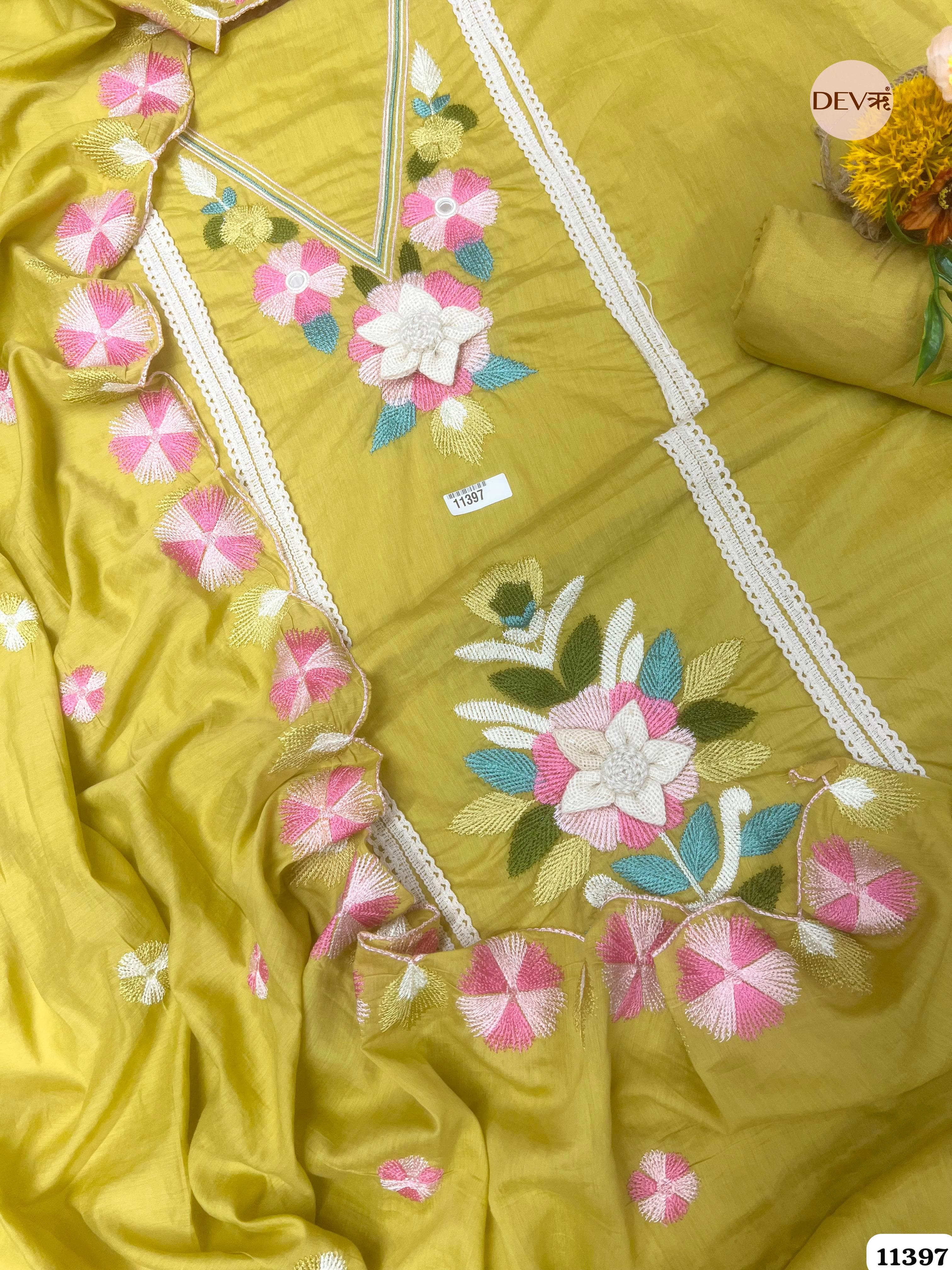 Mustard Yellow Mul Chanderi Unstitched Embroidered -Set Of 3 {11397}