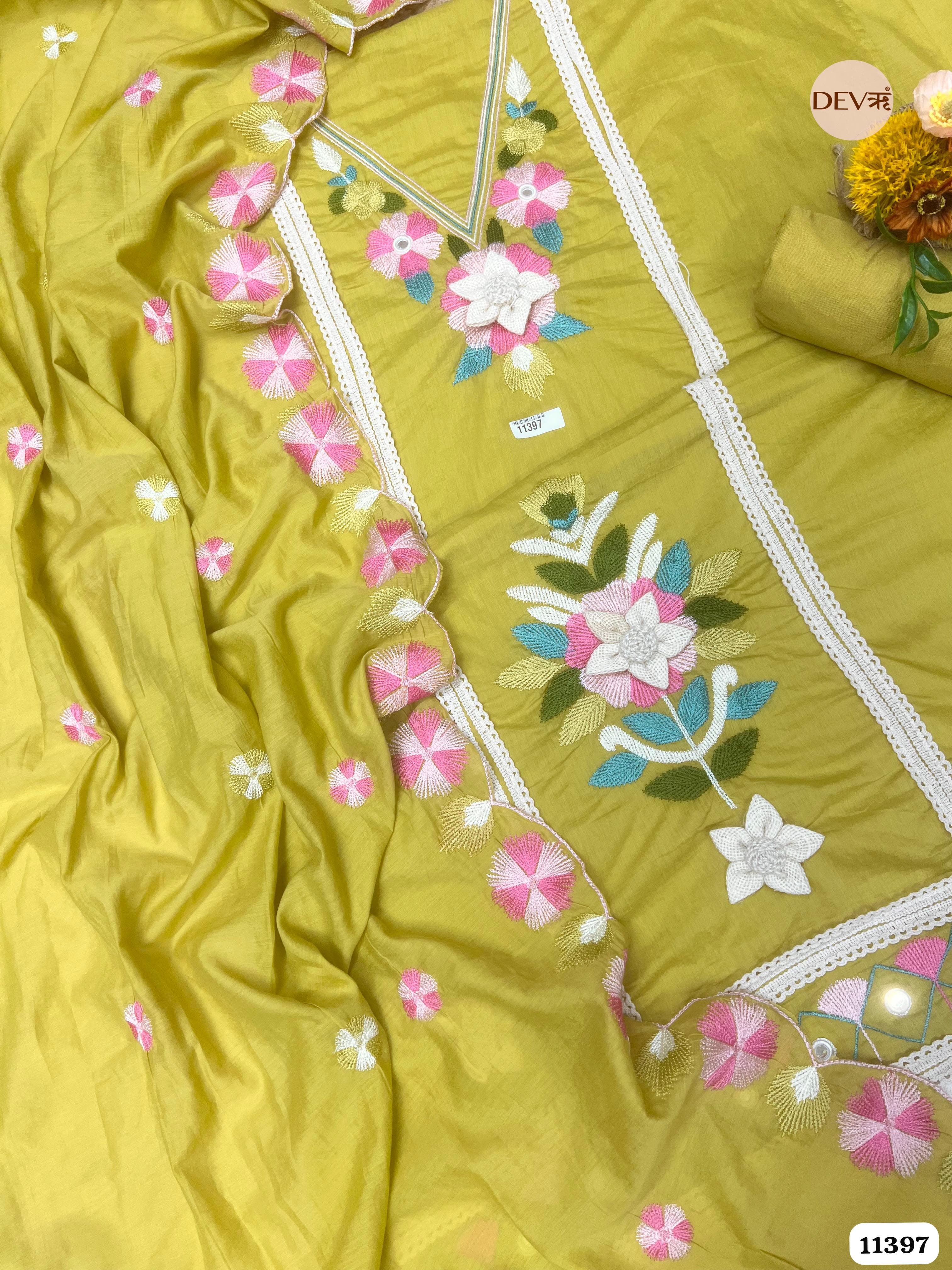Mustard Yellow Mul Chanderi Unstitched Embroidered -Set Of 3 {11397}
