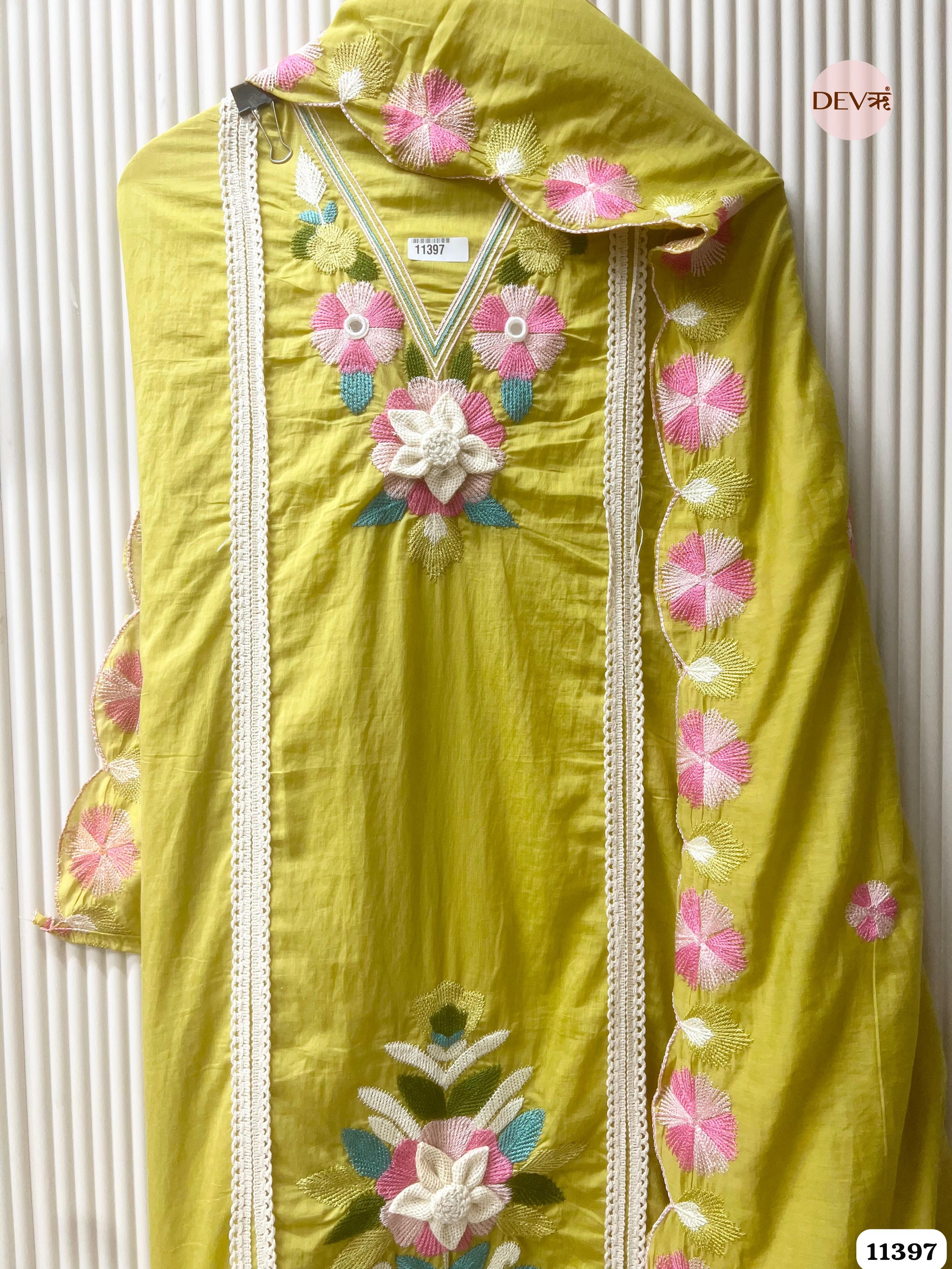 Mustard Yellow Mul Chanderi Unstitched Embroidered -Set Of 3 {11397}