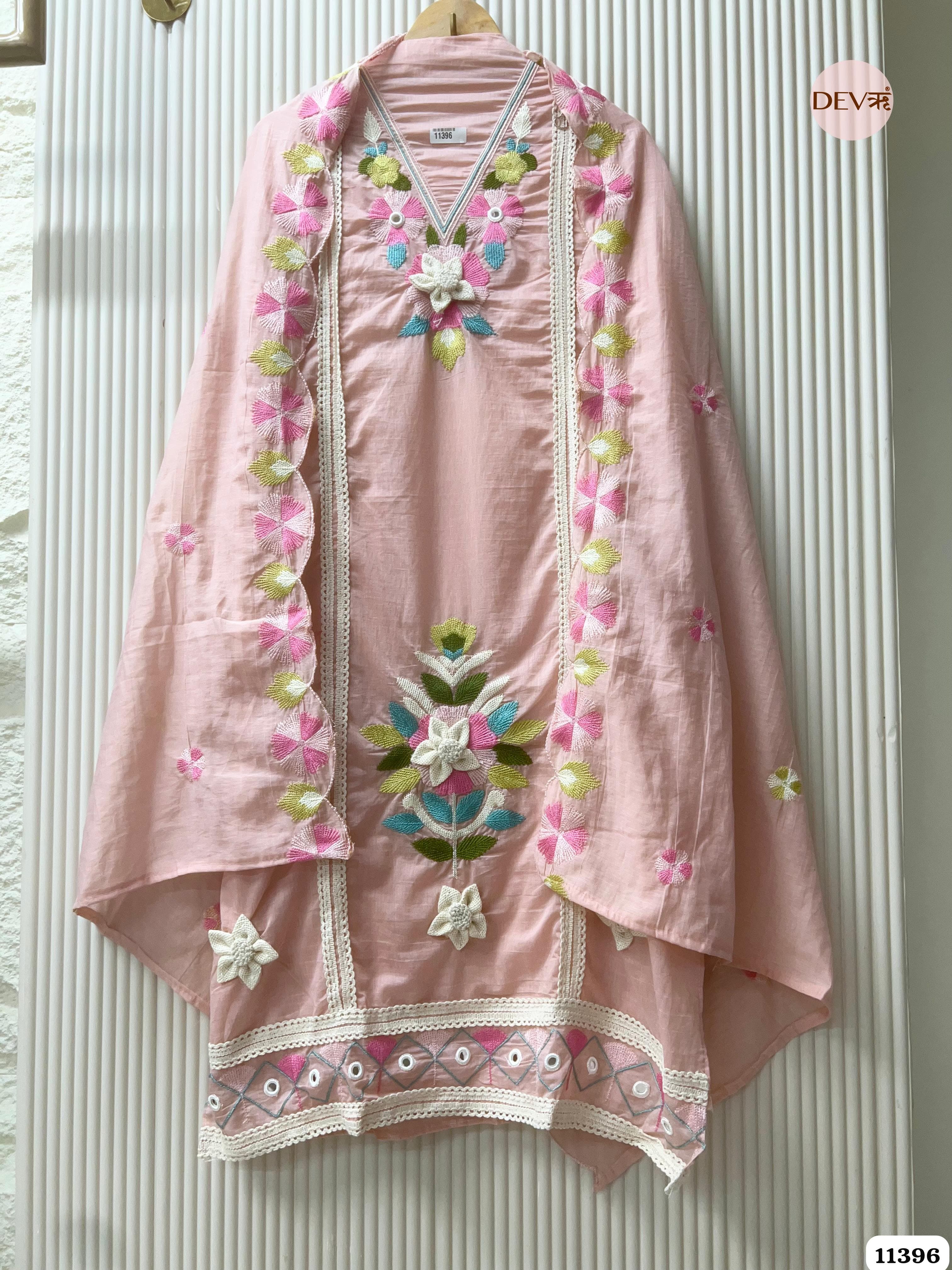 Pink Mul Chanderi Unstitched Embroidered -Set Of 3 {11396}