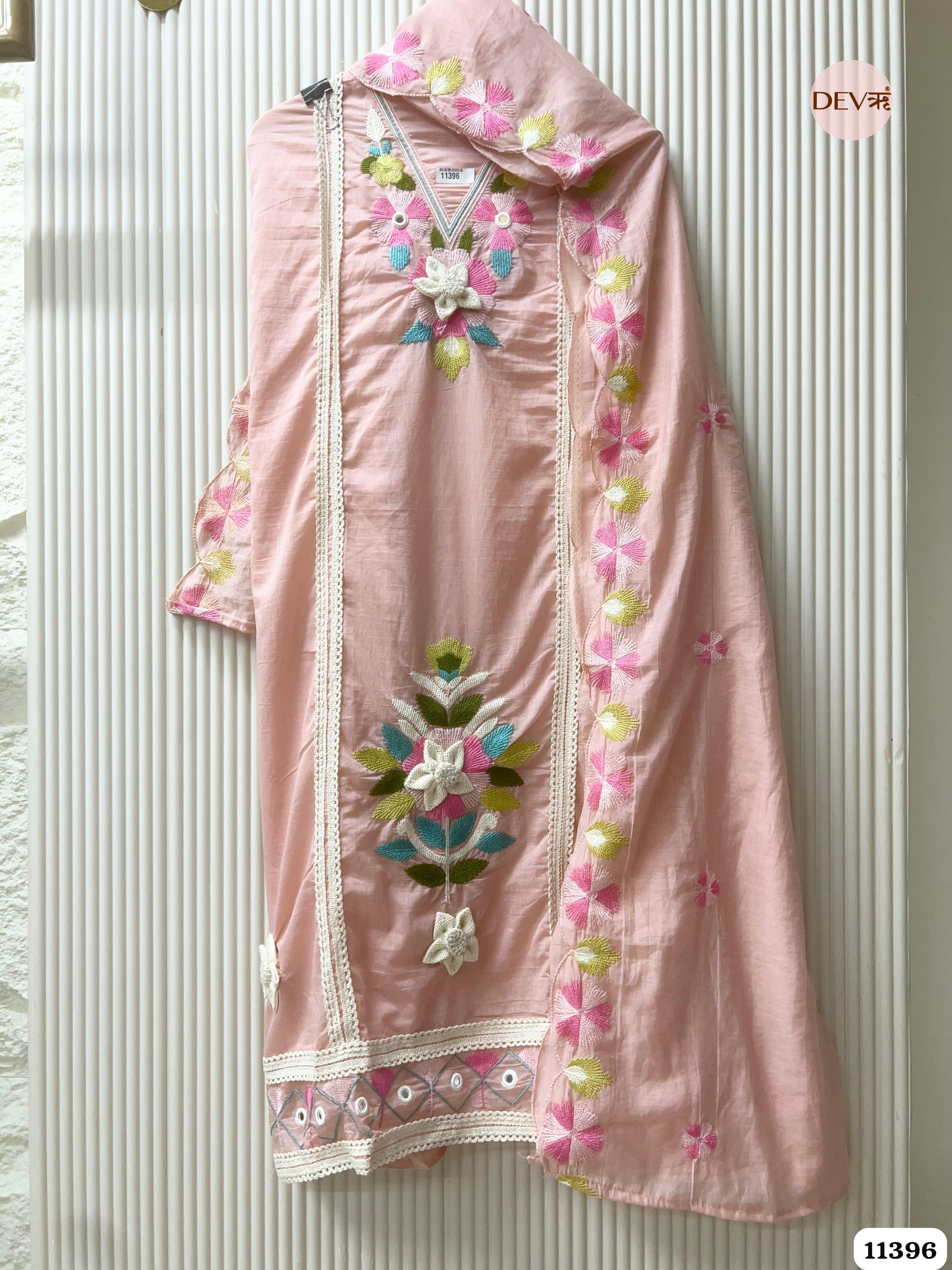 Pink Mul Chanderi Unstitched Embroidered -Set Of 3 {11396}