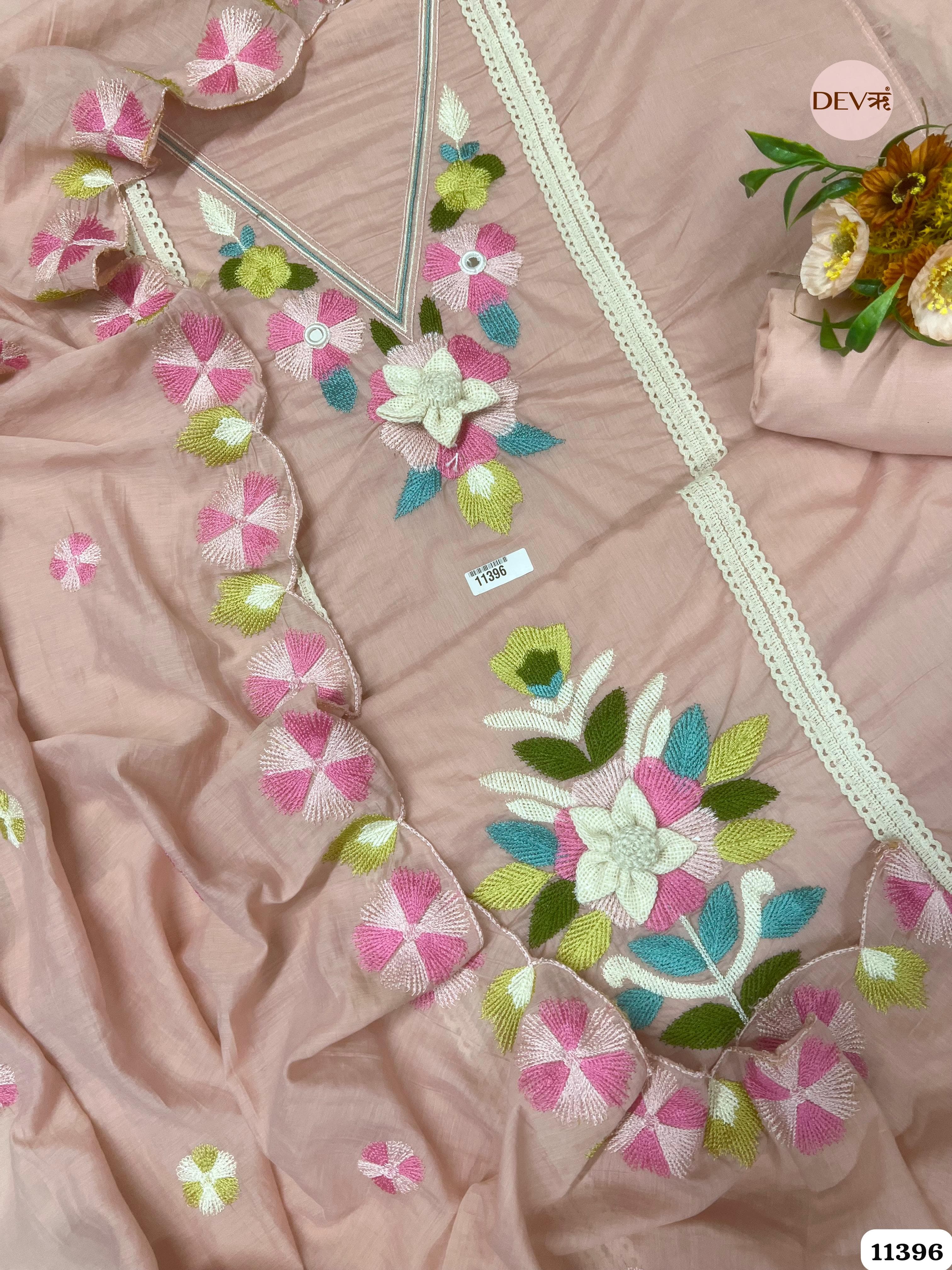 Pink Mul Chanderi Unstitched Embroidered -Set Of 3 {11396}
