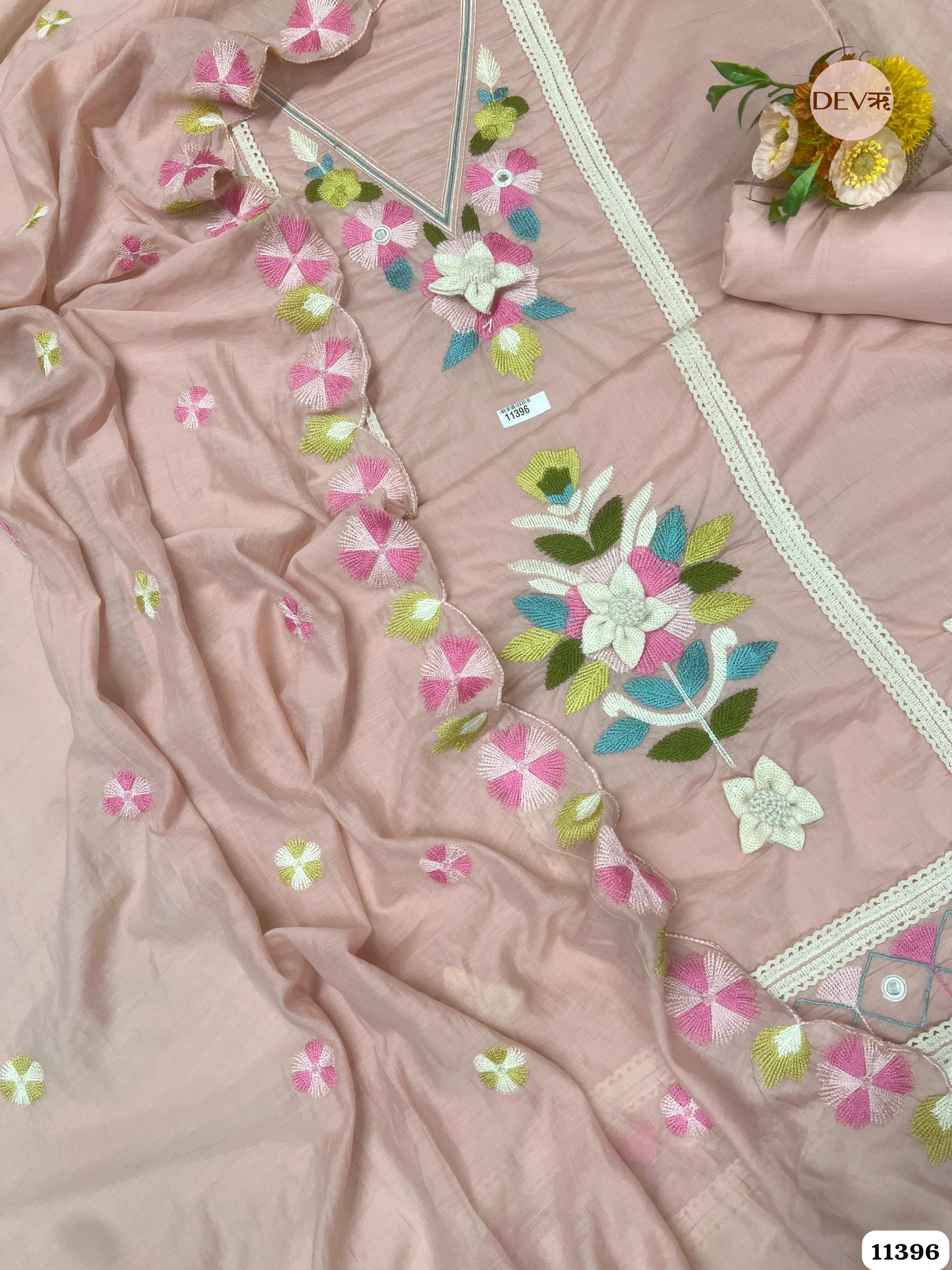 Pink Mul Chanderi Unstitched Embroidered -Set Of 3 {11396}