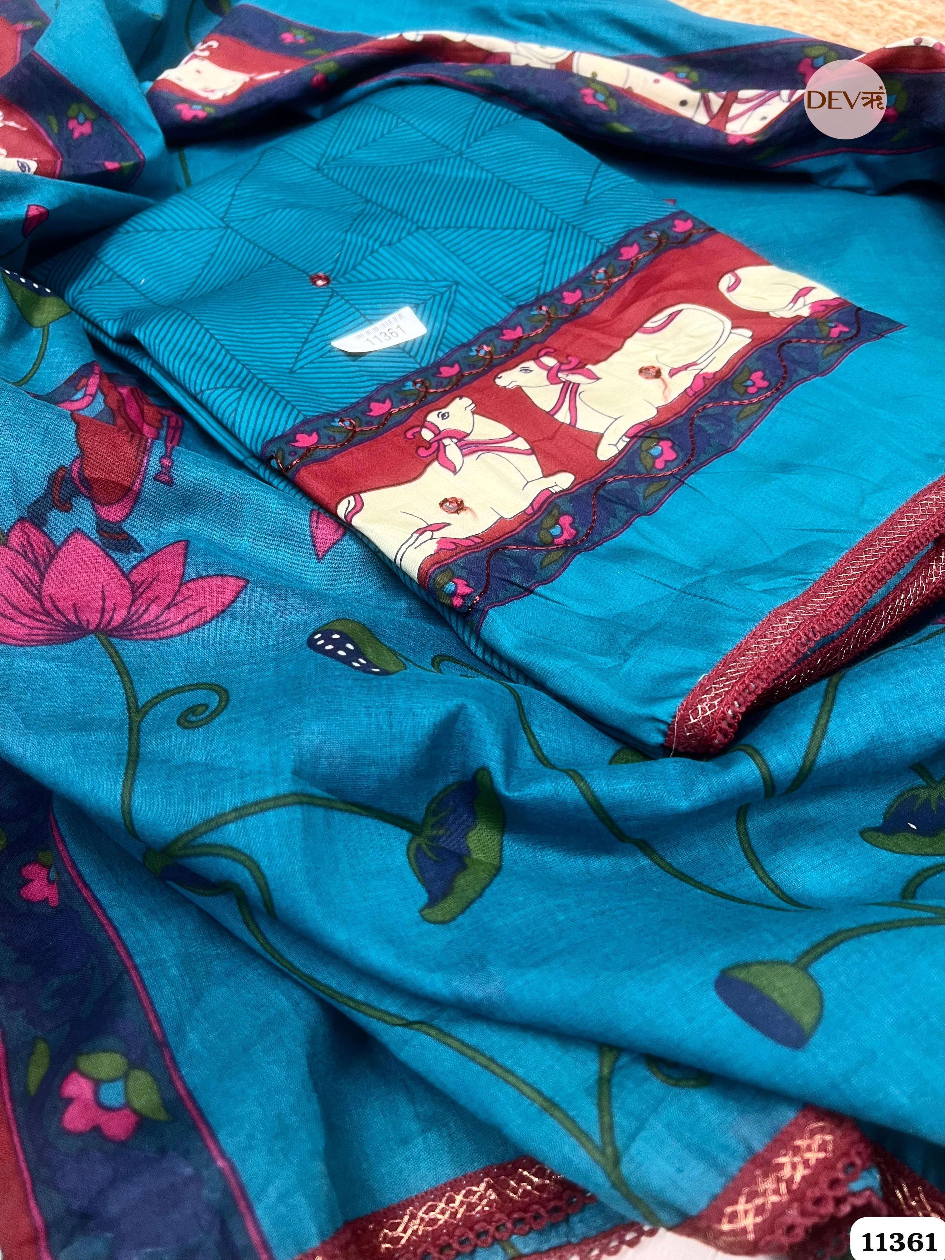 Blue Cotton Printed Unstitched Hand Embroidered -Set Of 3