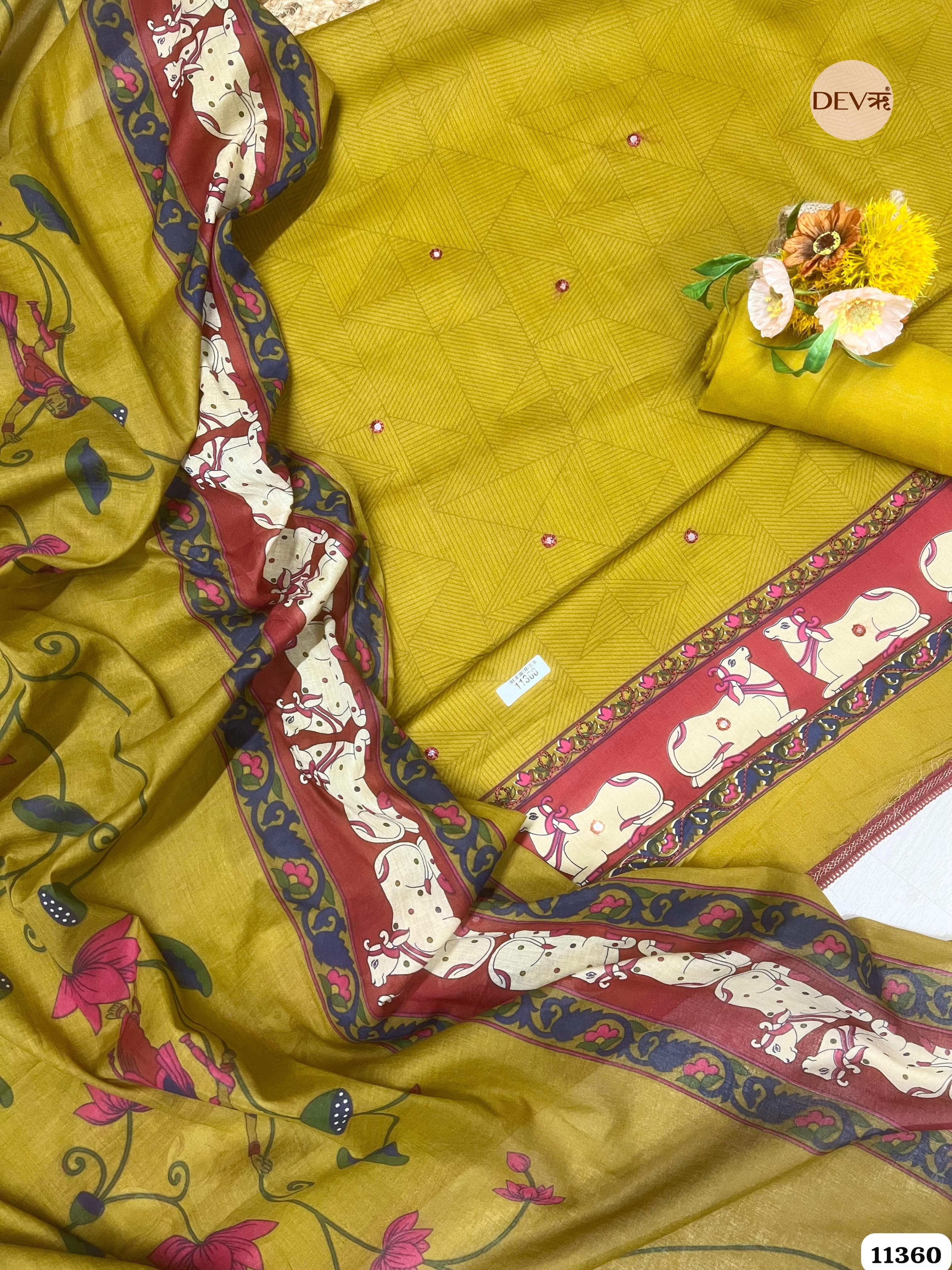 Dark Yellow Cotton Printed Unstitched Hand Embroidered -Set Of 3