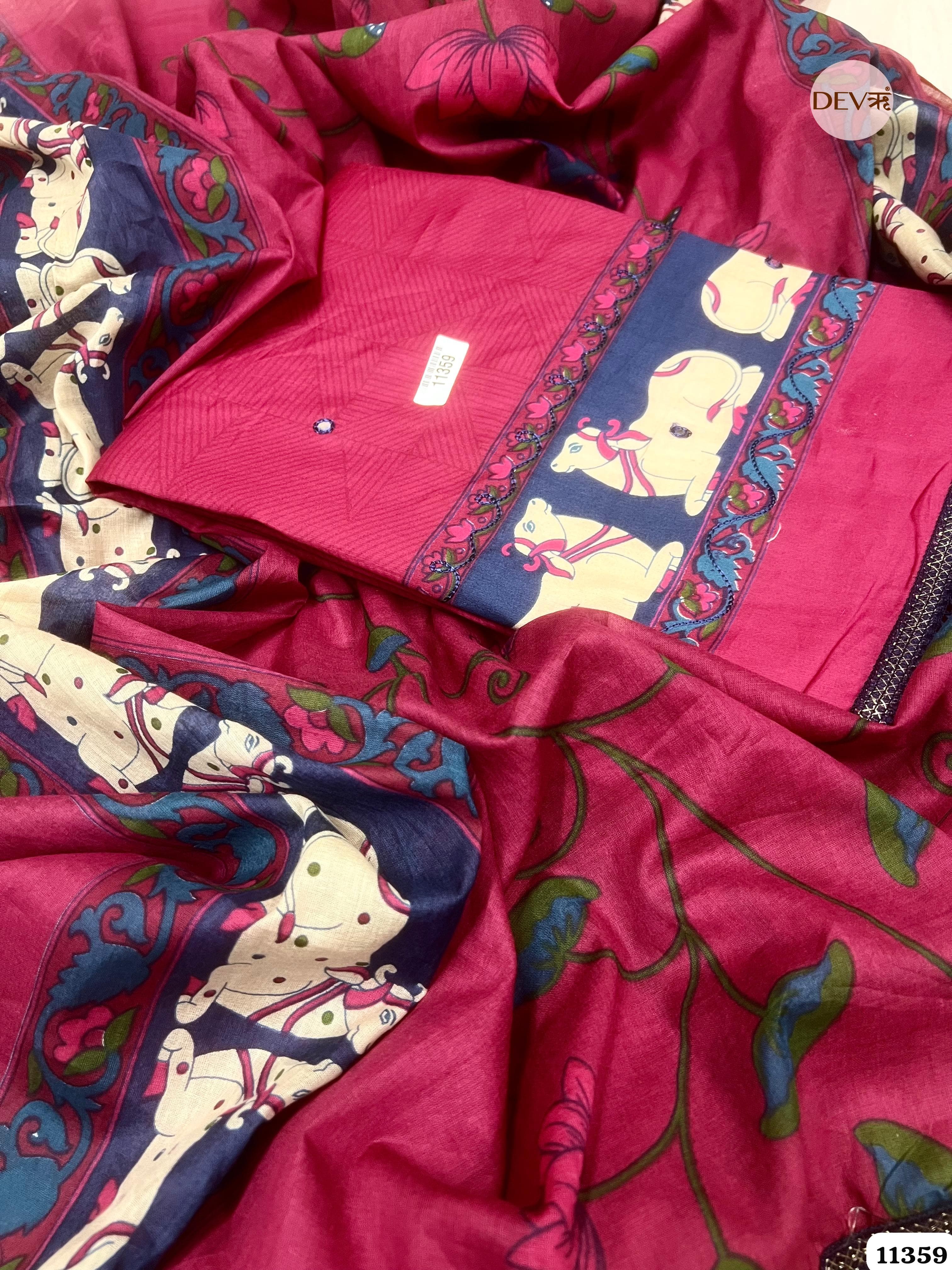 Dark Red Cotton Printed Unstitched Hand Embroidered -Set Of 3