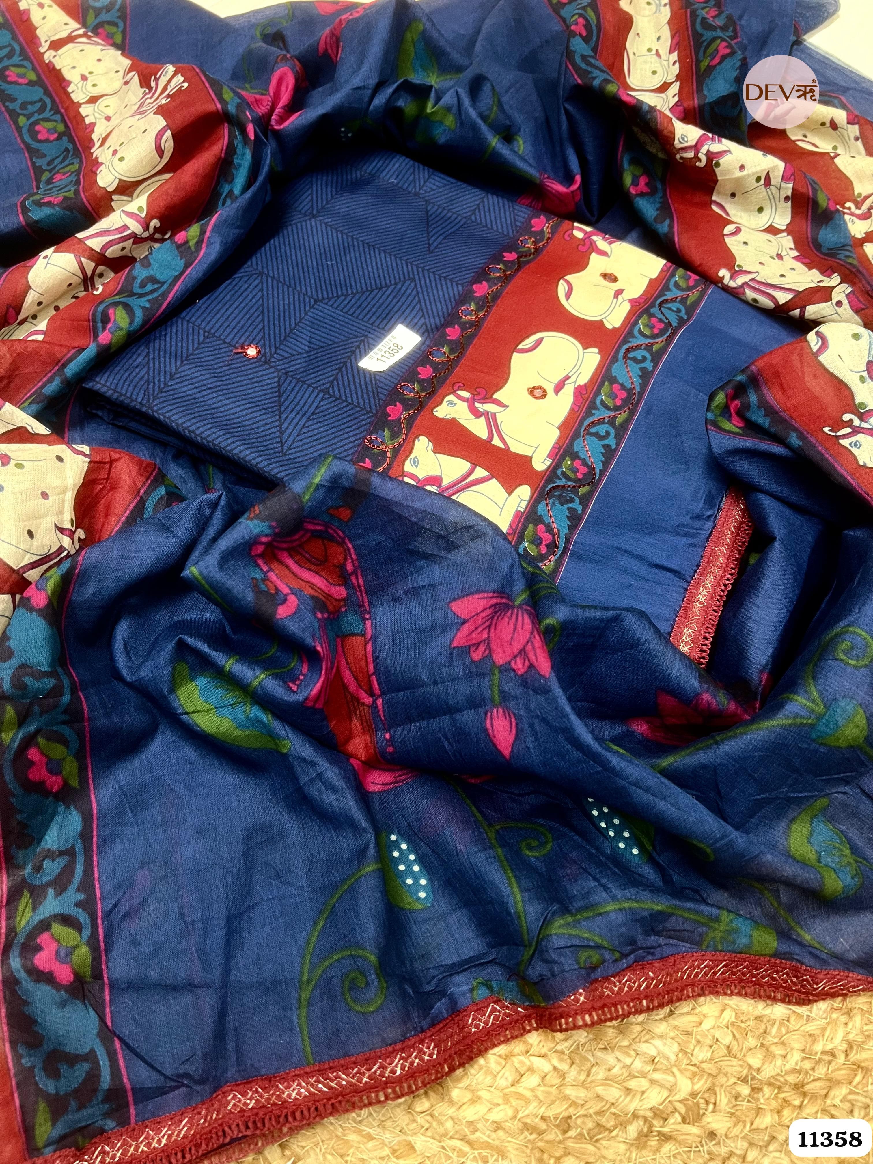 Dark Blue Cotton Printed Unstitched Hand Embroidered -Set Of 3