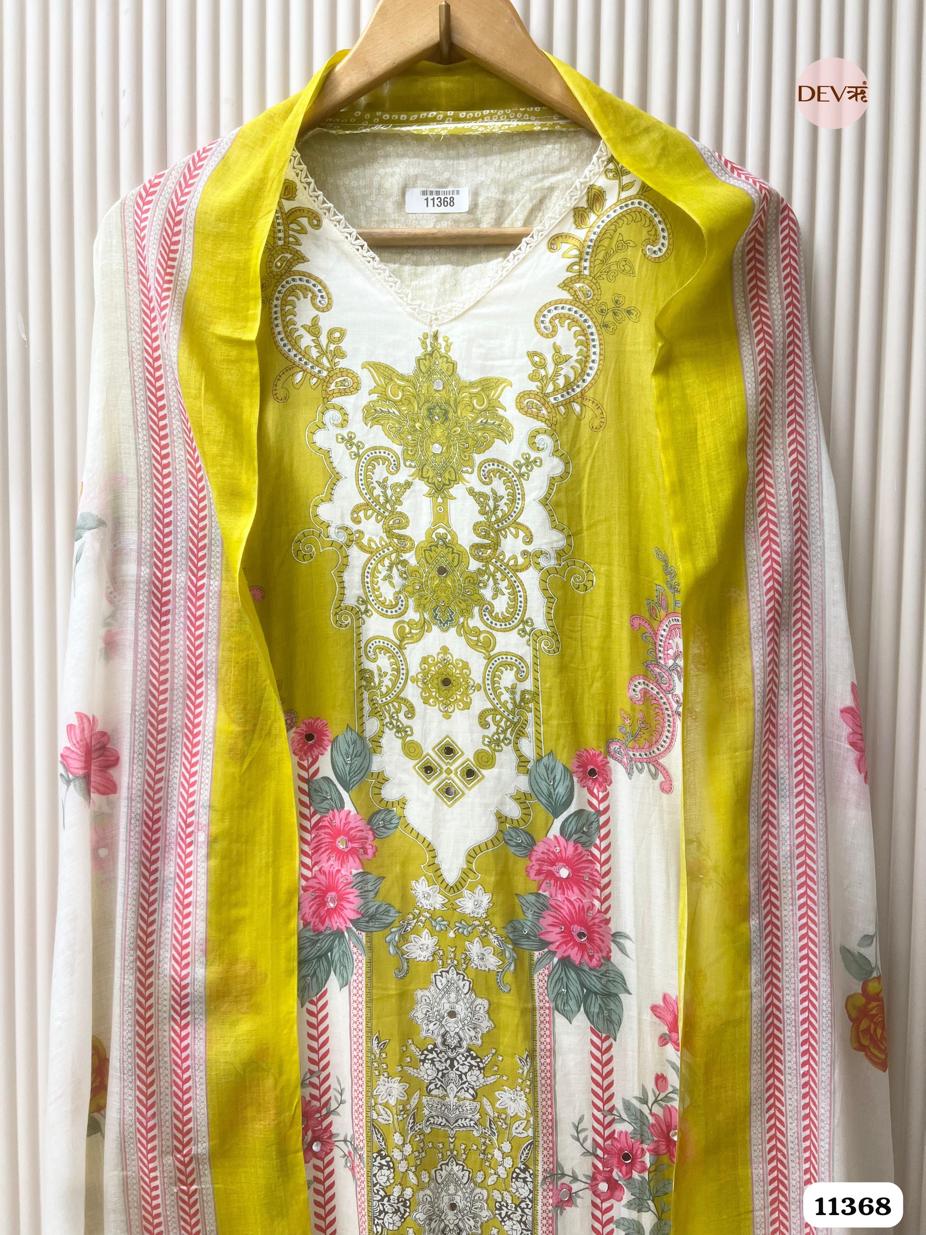 Vibrant Yellow Cotton printed unstitched hand embroidered -Set Of 3