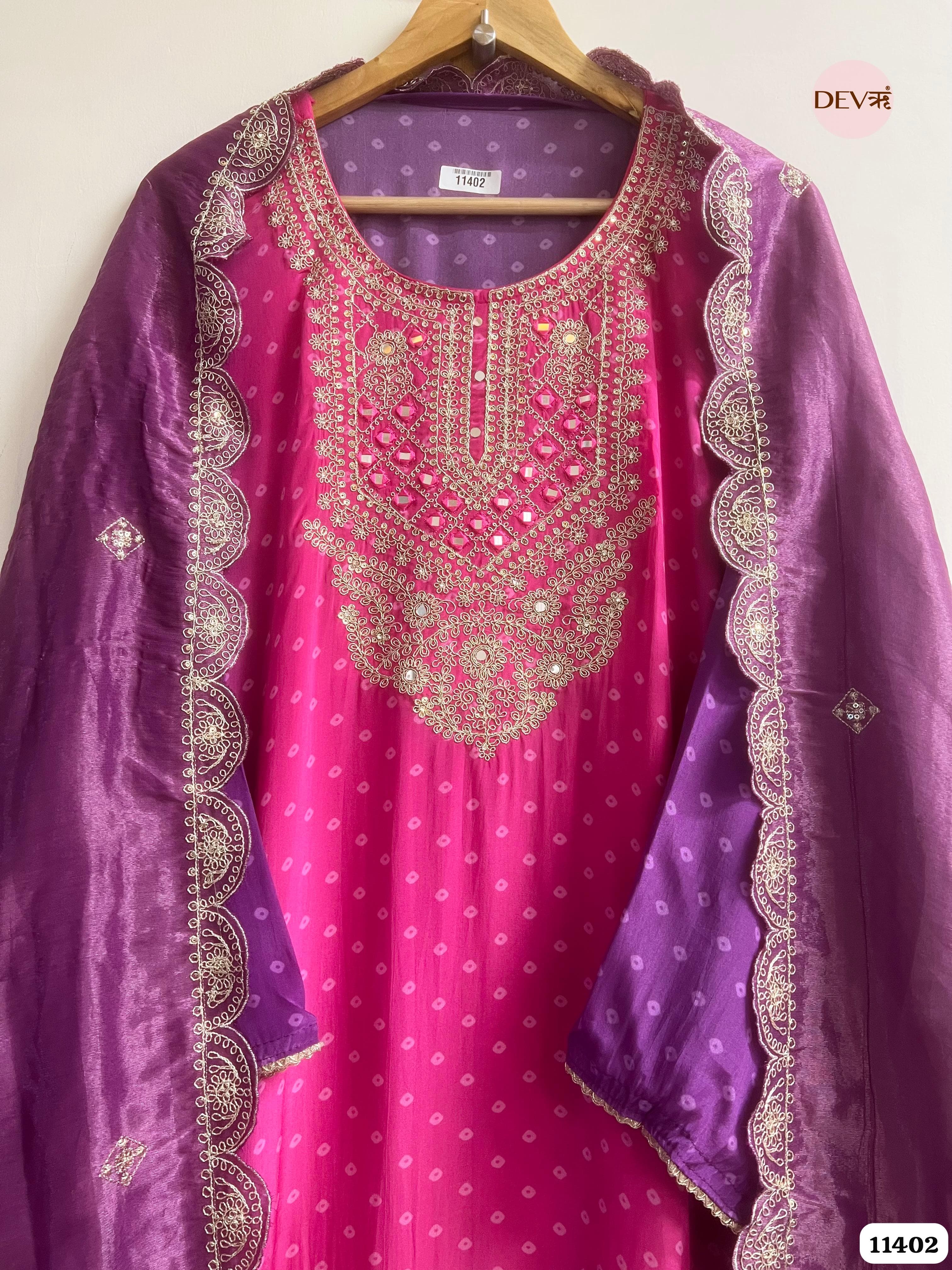 Rani Pink & Purple Mirror Zari crepe silk Embroidered Semi-Stitched Suit Set – 3 Piece {11402}