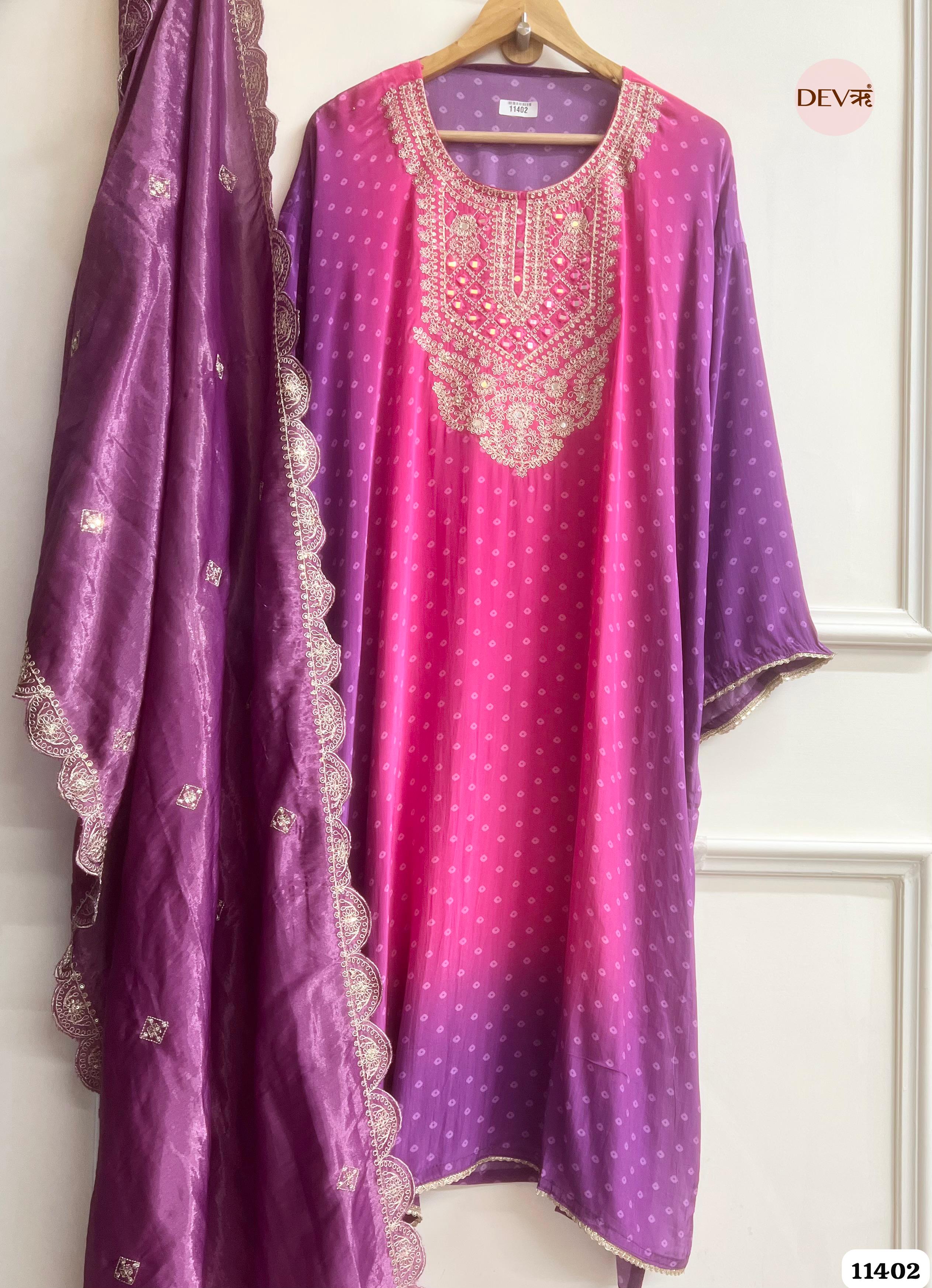 Rani Pink & Purple Mirror Zari crepe silk Embroidered Semi-Stitched Suit Set – 3 Piece {11402}