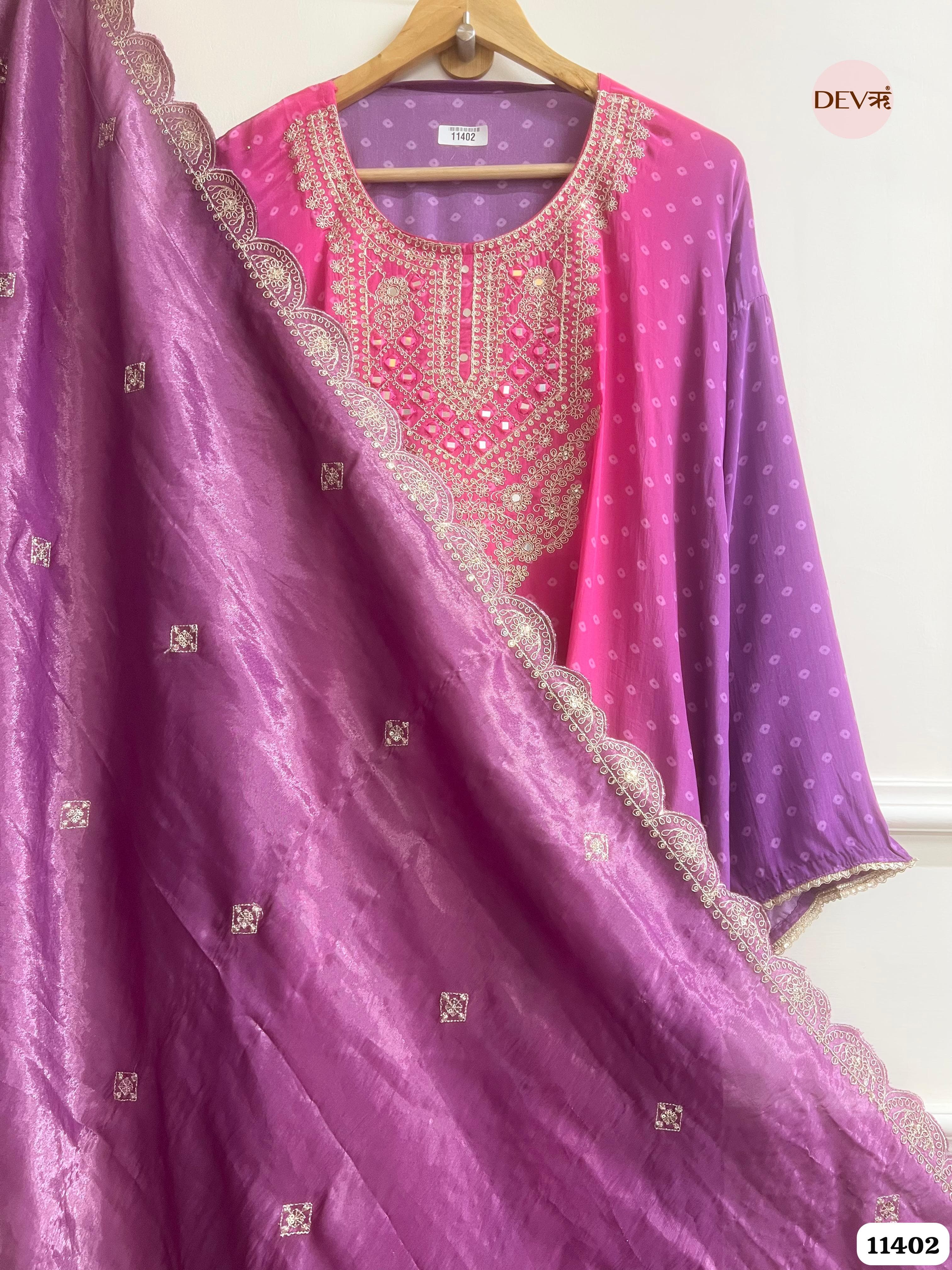 Rani Pink & Purple Mirror Zari crepe silk Embroidered Semi-Stitched Suit Set – 3 Piece {11402}