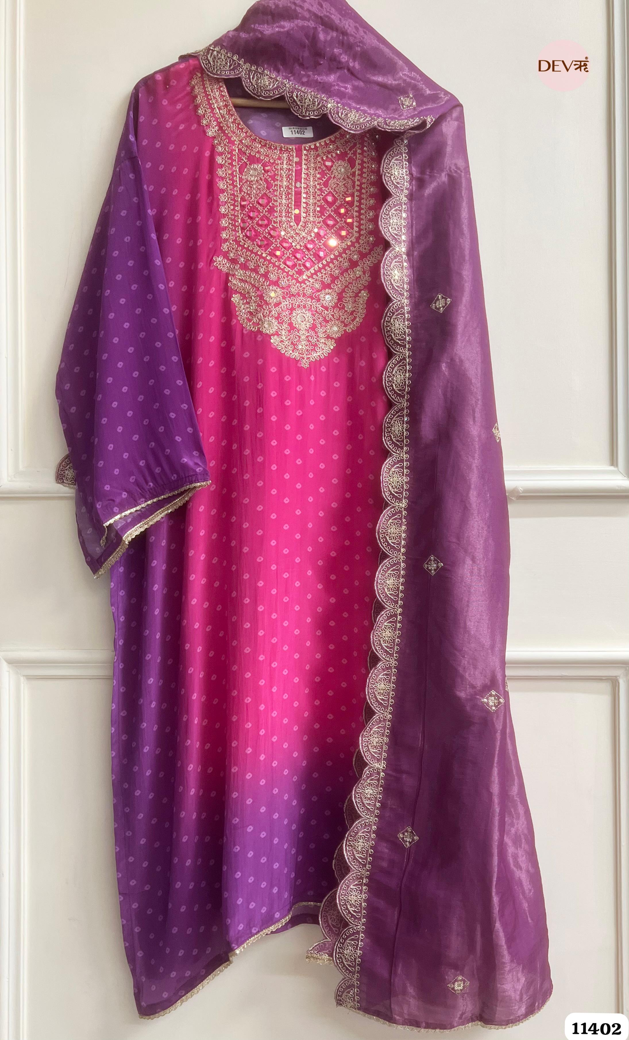 Rani Pink & Purple Mirror Zari crepe silk Embroidered Semi-Stitched Suit Set – 3 Piece {11402}