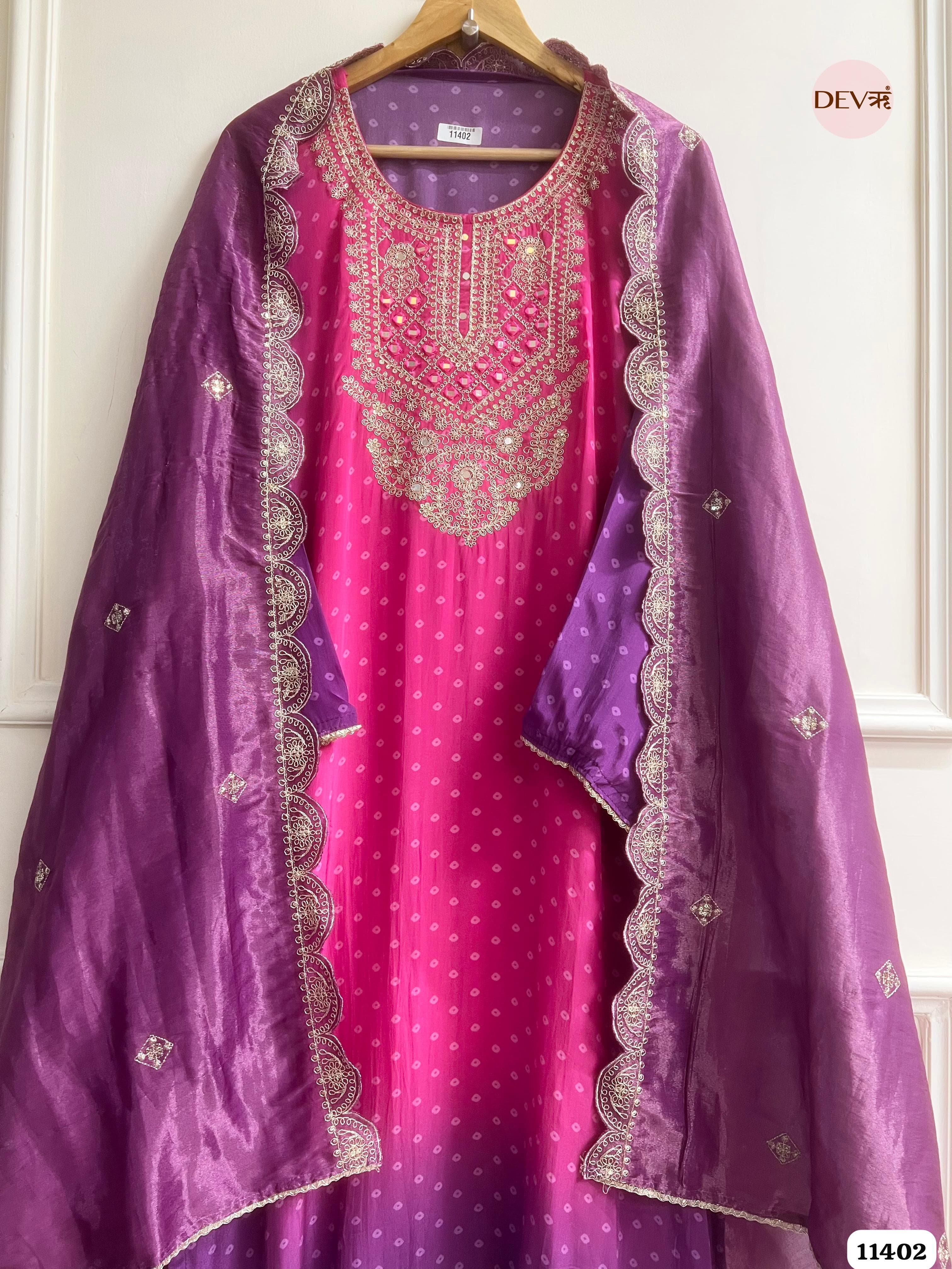 Rani Pink & Purple Mirror Zari crepe silk Embroidered Semi-Stitched Suit Set – 3 Piece {11402}