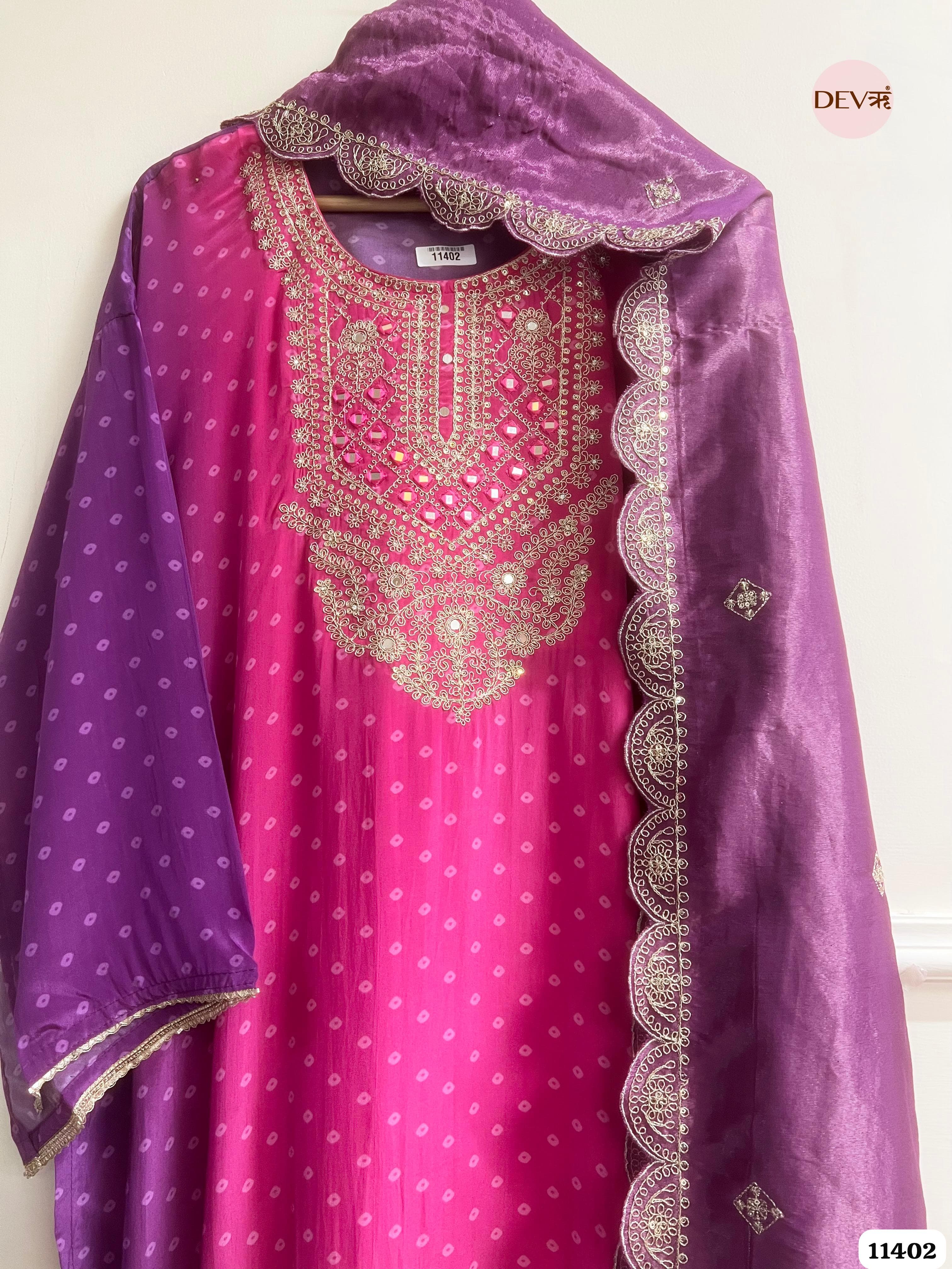 Rani Pink & Purple Mirror Zari crepe silk Embroidered Semi-Stitched Suit Set – 3 Piece {11402}