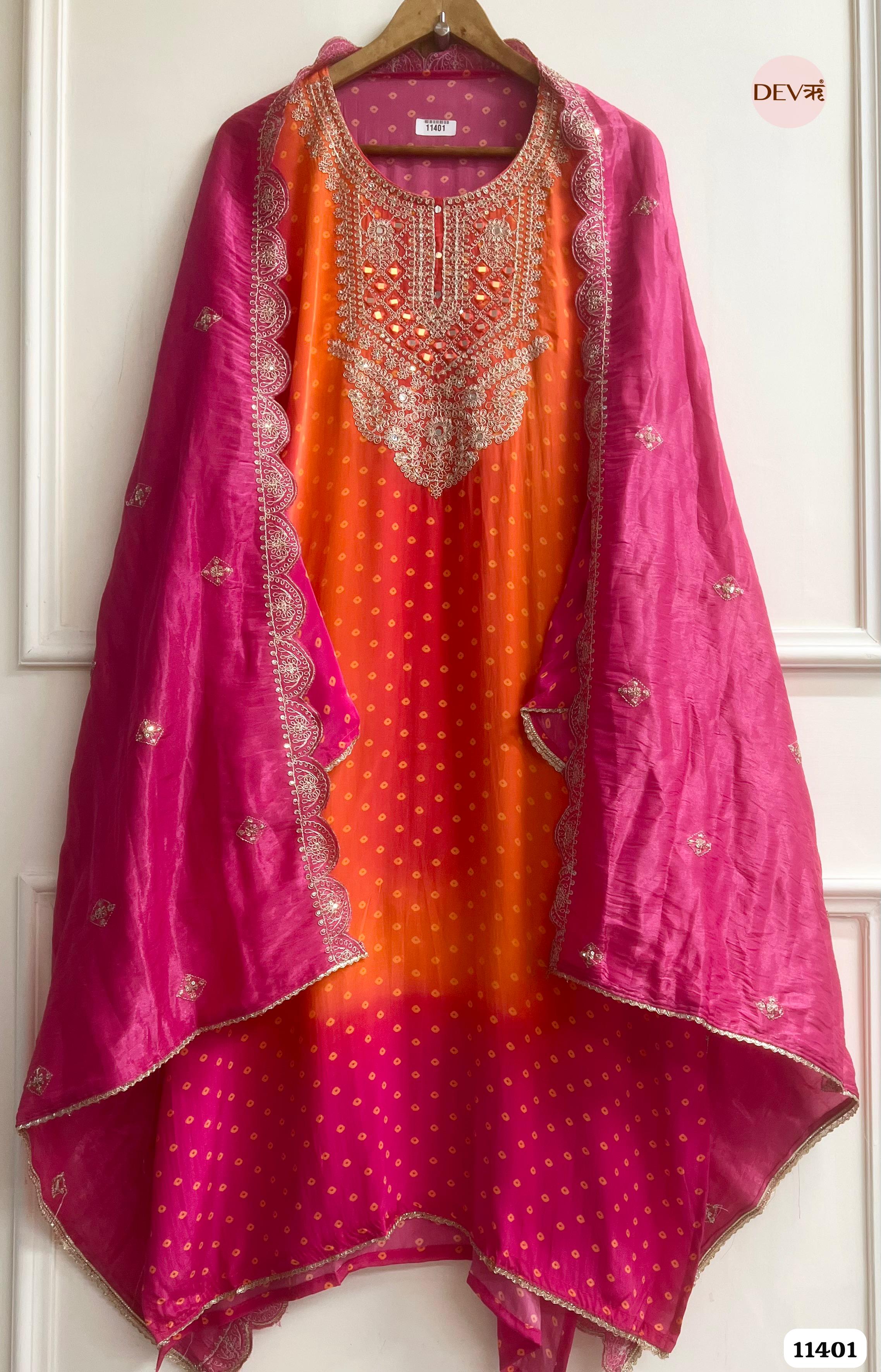 Orange & Pink Bandhani crepe silk Mirror Zari Embroidered Semi-Stitched Suit Set – 3 Piece {11401}