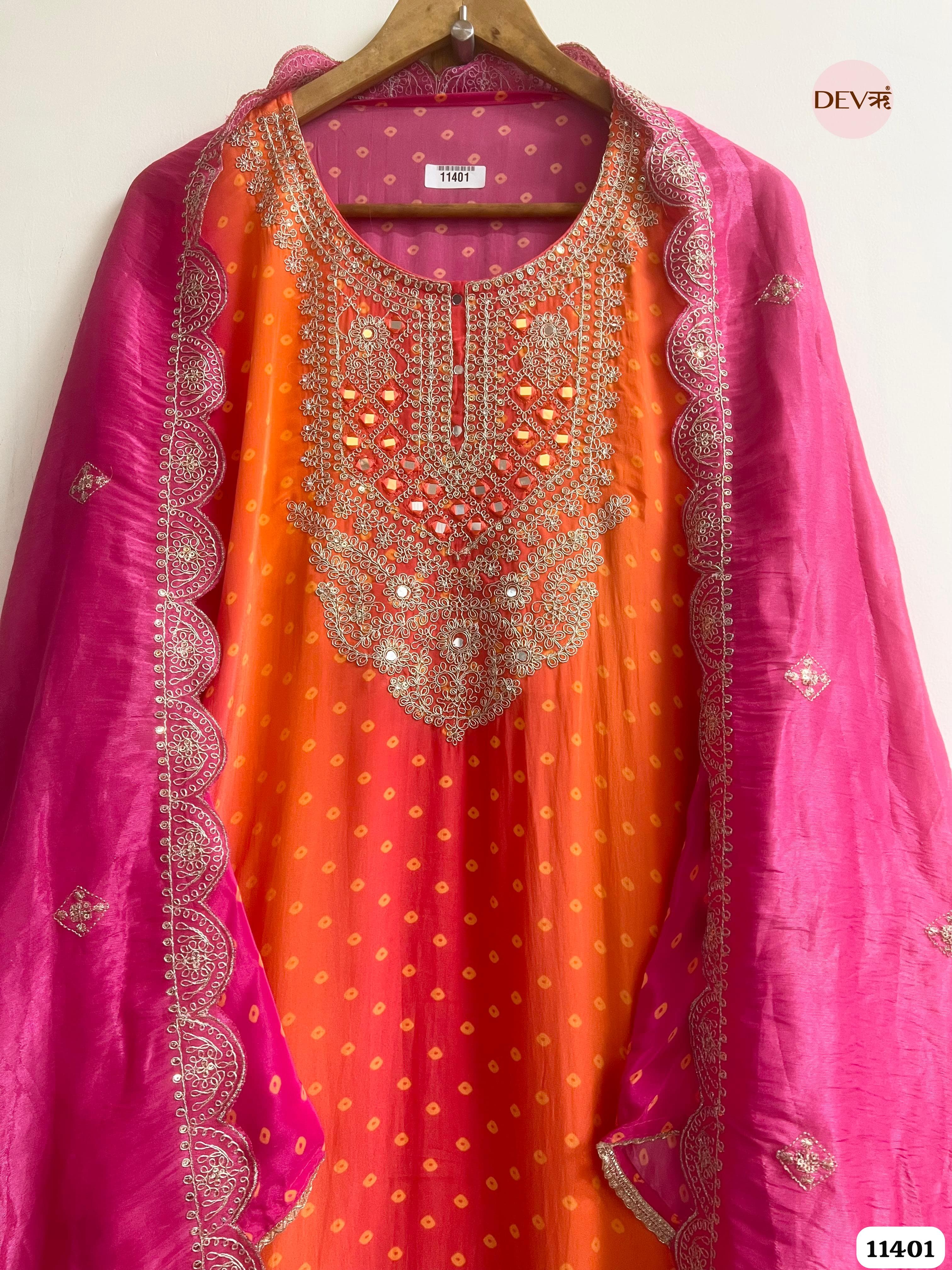 Orange & Pink Bandhani crepe silk Mirror Zari Embroidered Semi-Stitched Suit Set – 3 Piece {11401}