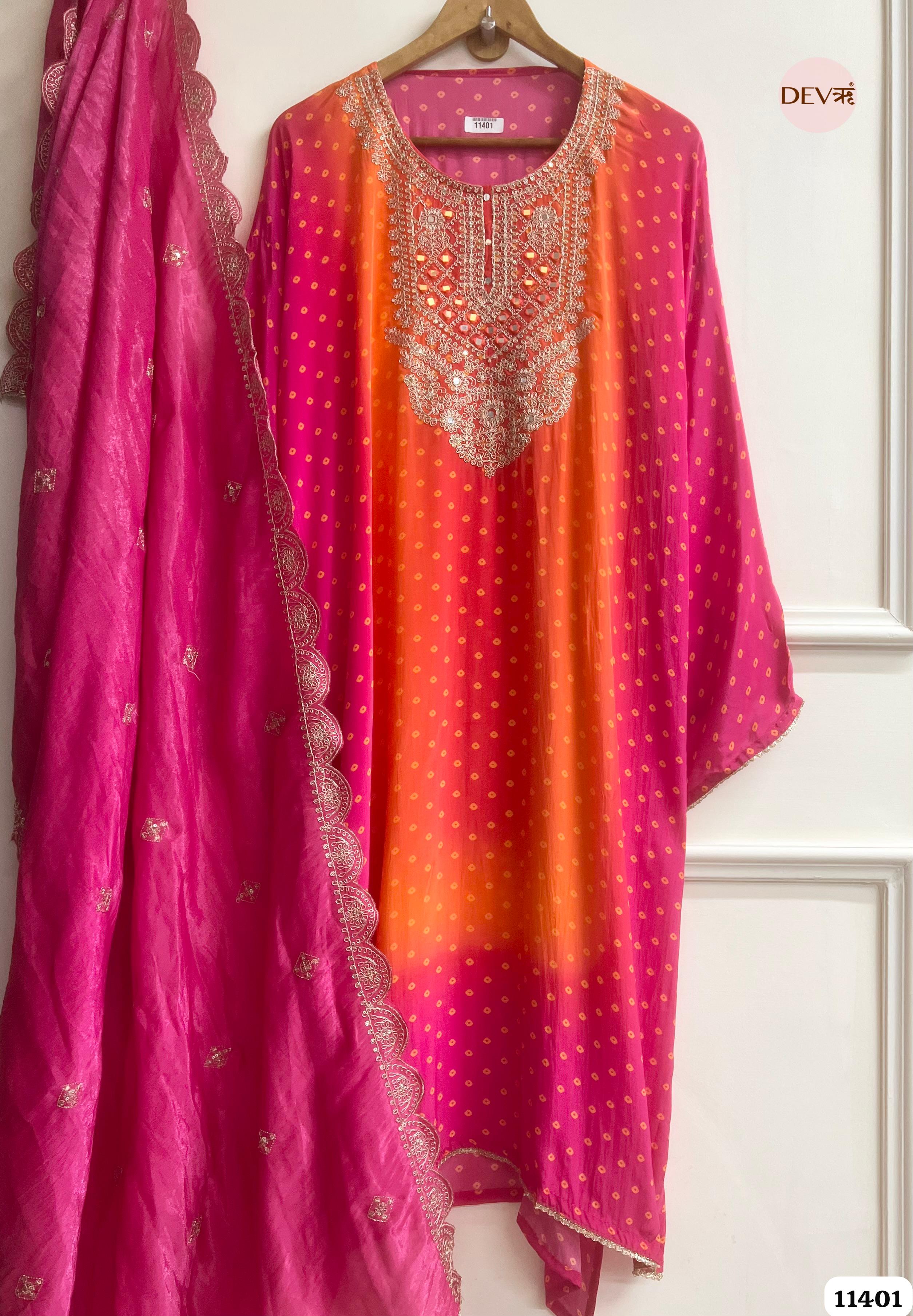 Orange & Pink Bandhani crepe silk Mirror Zari Embroidered Semi-Stitched Suit Set – 3 Piece {11401}