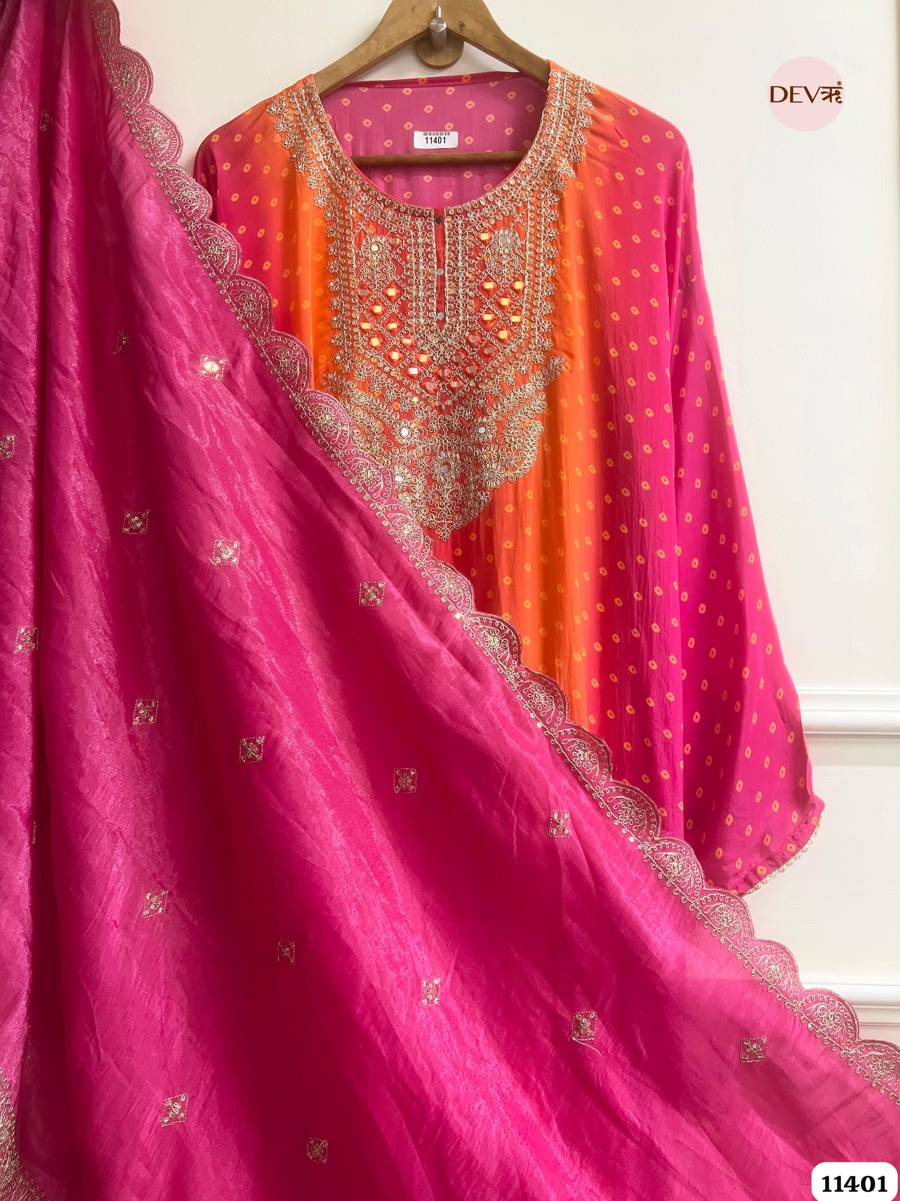 Orange & Pink Bandhani crepe silk Mirror Zari Embroidered Semi-Stitched Suit Set – 3 Piece {11401}