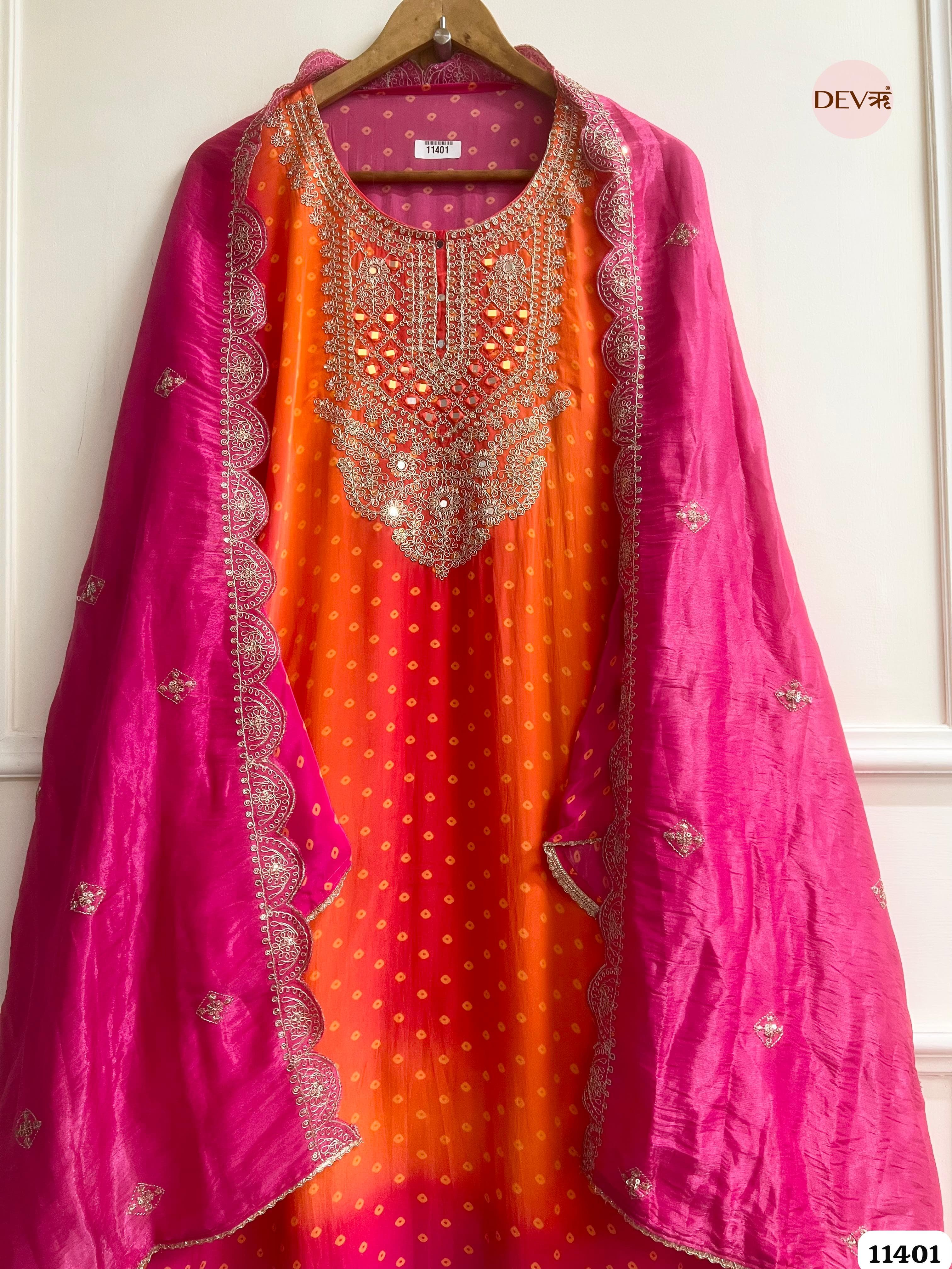 Orange & Pink Bandhani crepe silk Mirror Zari Embroidered Semi-Stitched Suit Set – 3 Piece {11401}