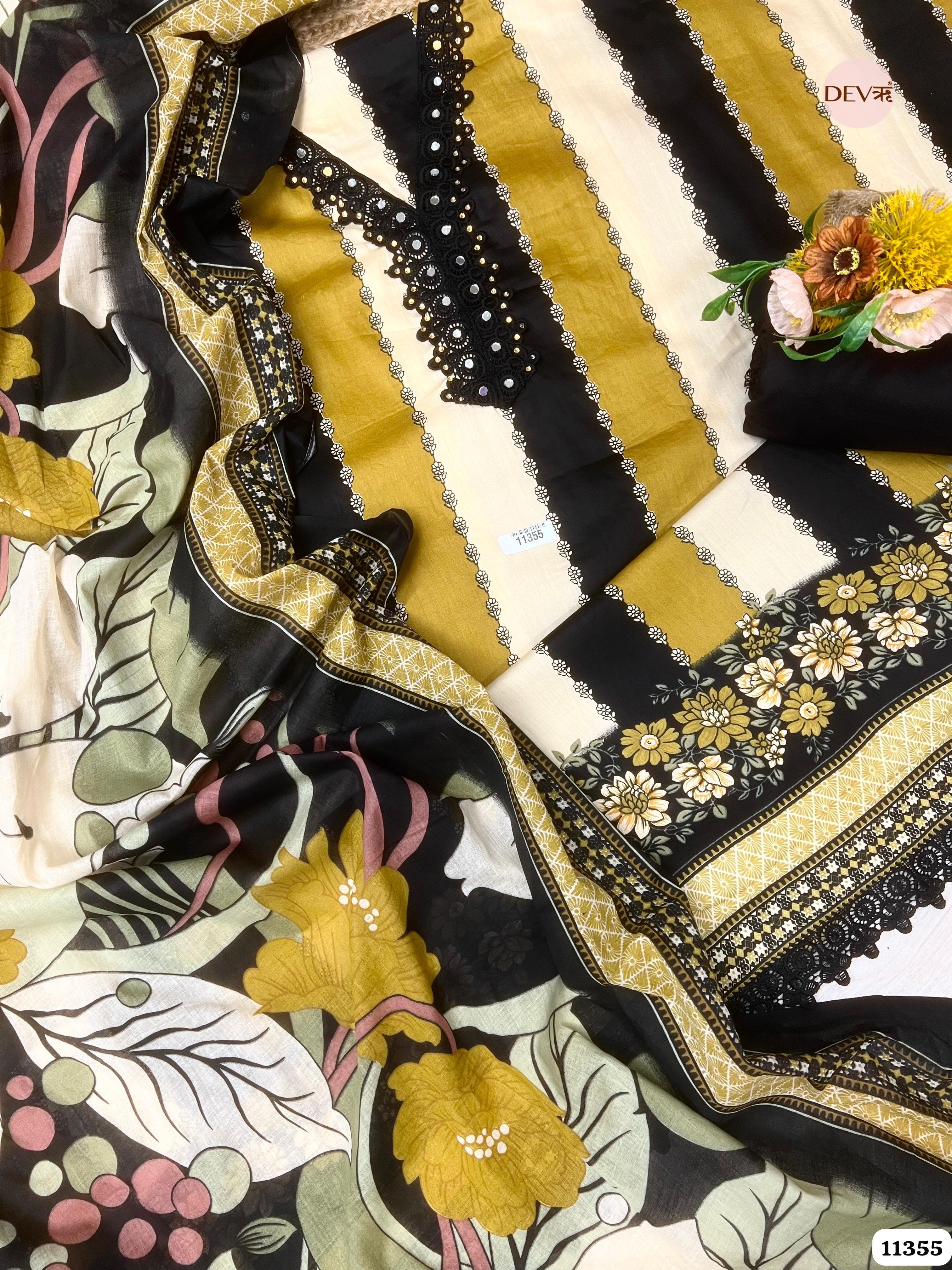 YellowCotton Unstitched Embroidered Printed -Set Of 3