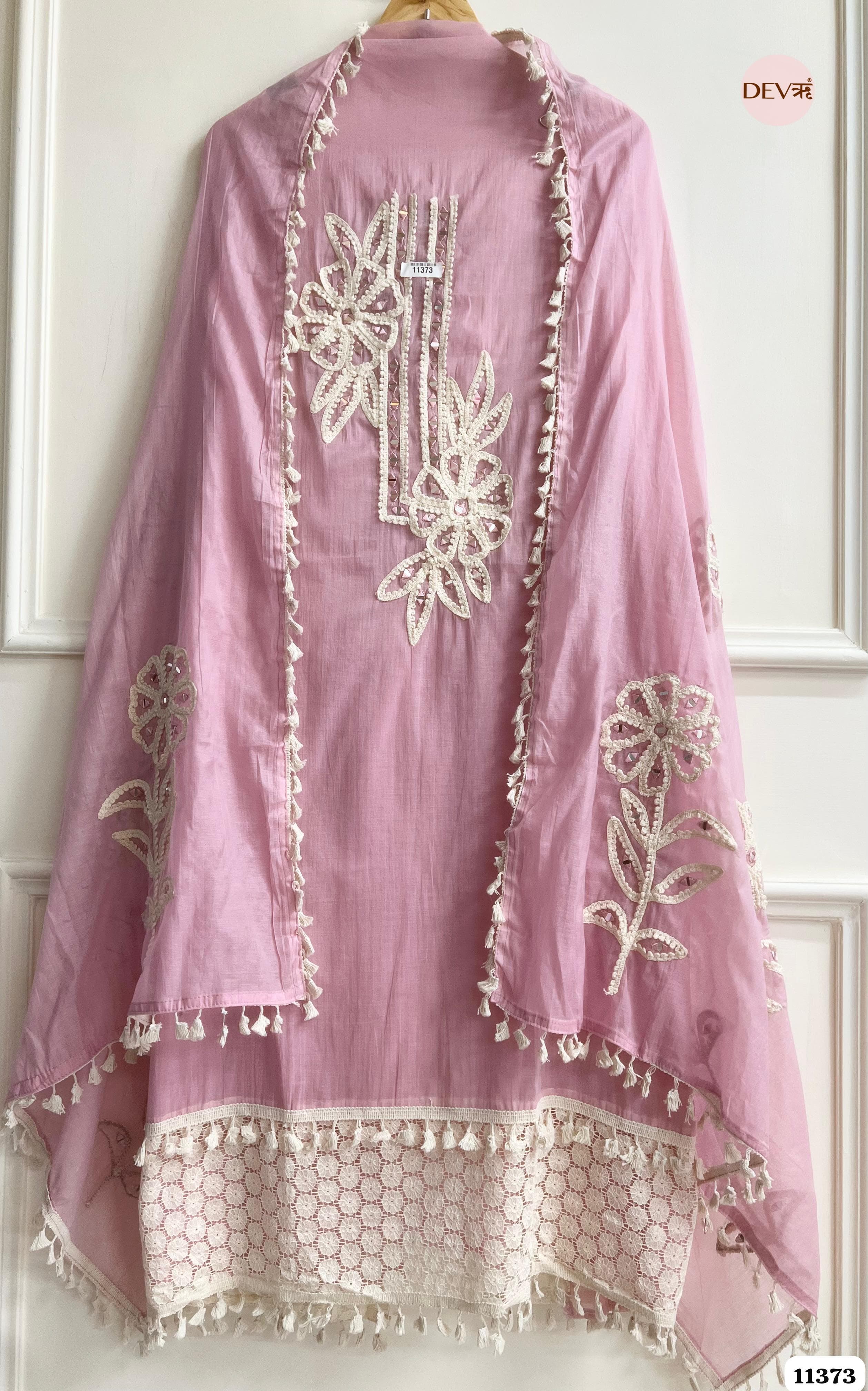 Pink Mul Chanderi Unstitched Hand Embroidered -Set Of 3 {11373}