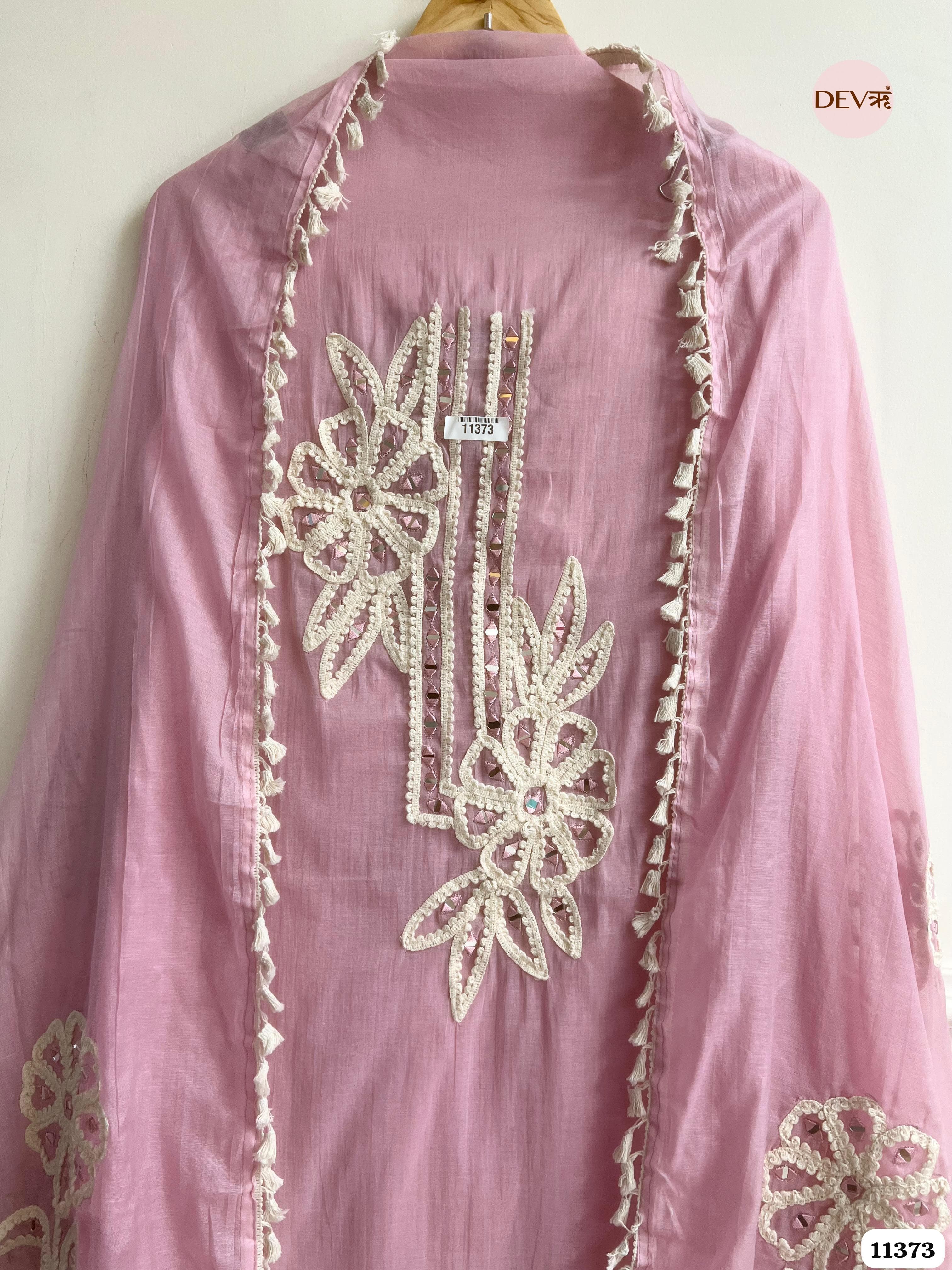 Pink Mul Chanderi Unstitched Hand Embroidered -Set Of 3 {11373}