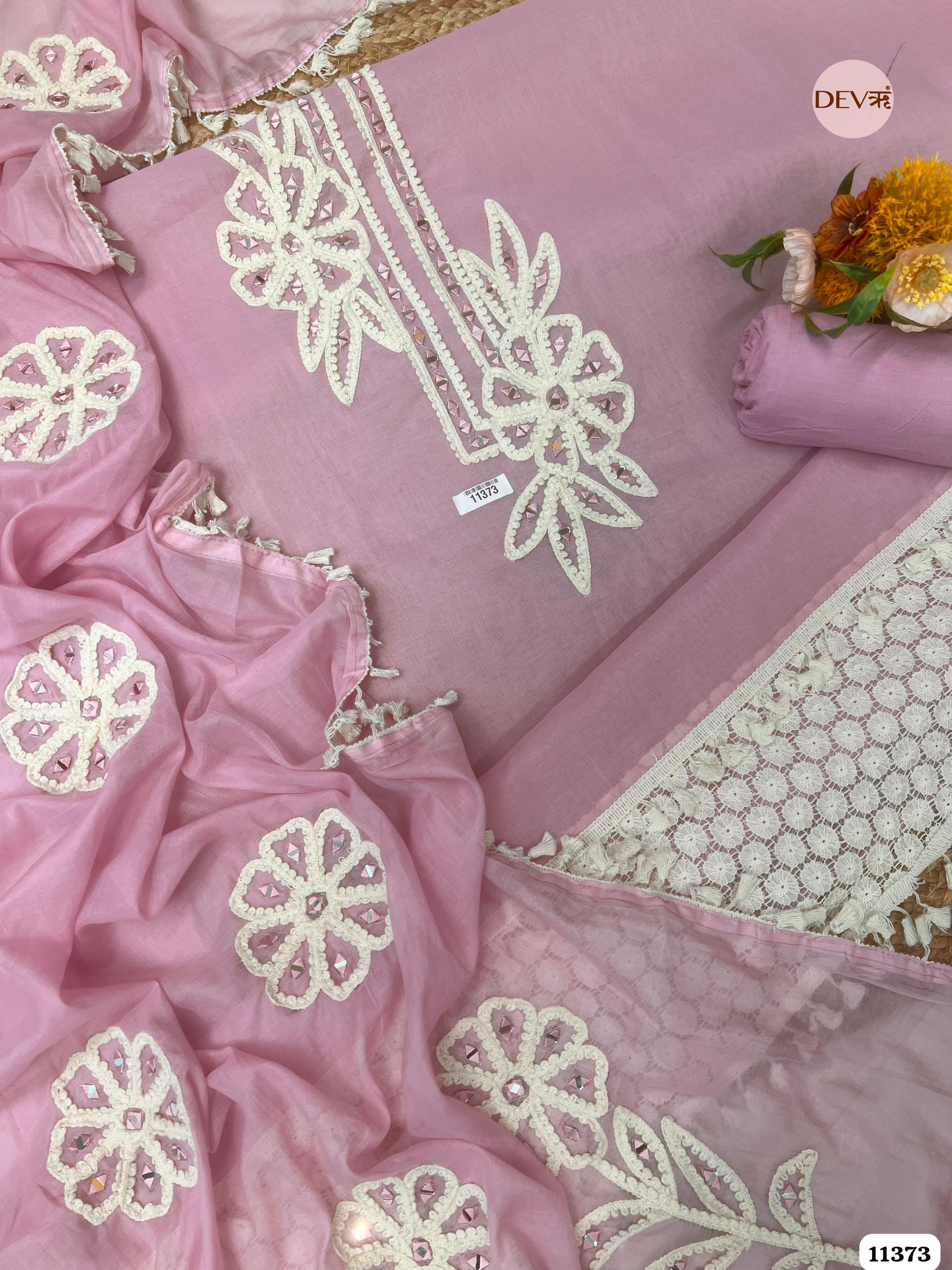Pink Mul Chanderi Unstitched Hand Embroidered -Set Of 3 {11373}