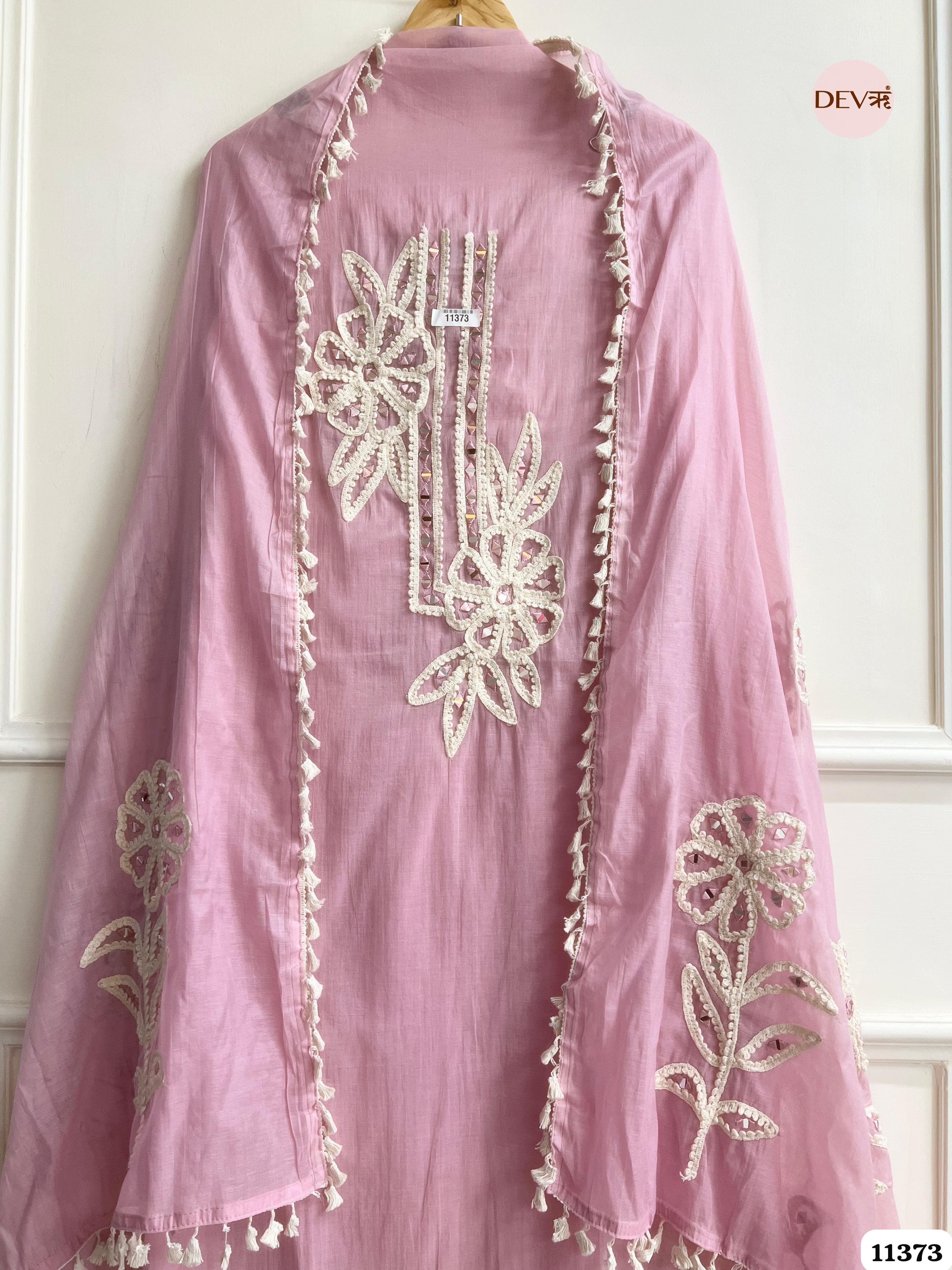Pink Mul Chanderi Unstitched Hand Embroidered -Set Of 3 {11373}