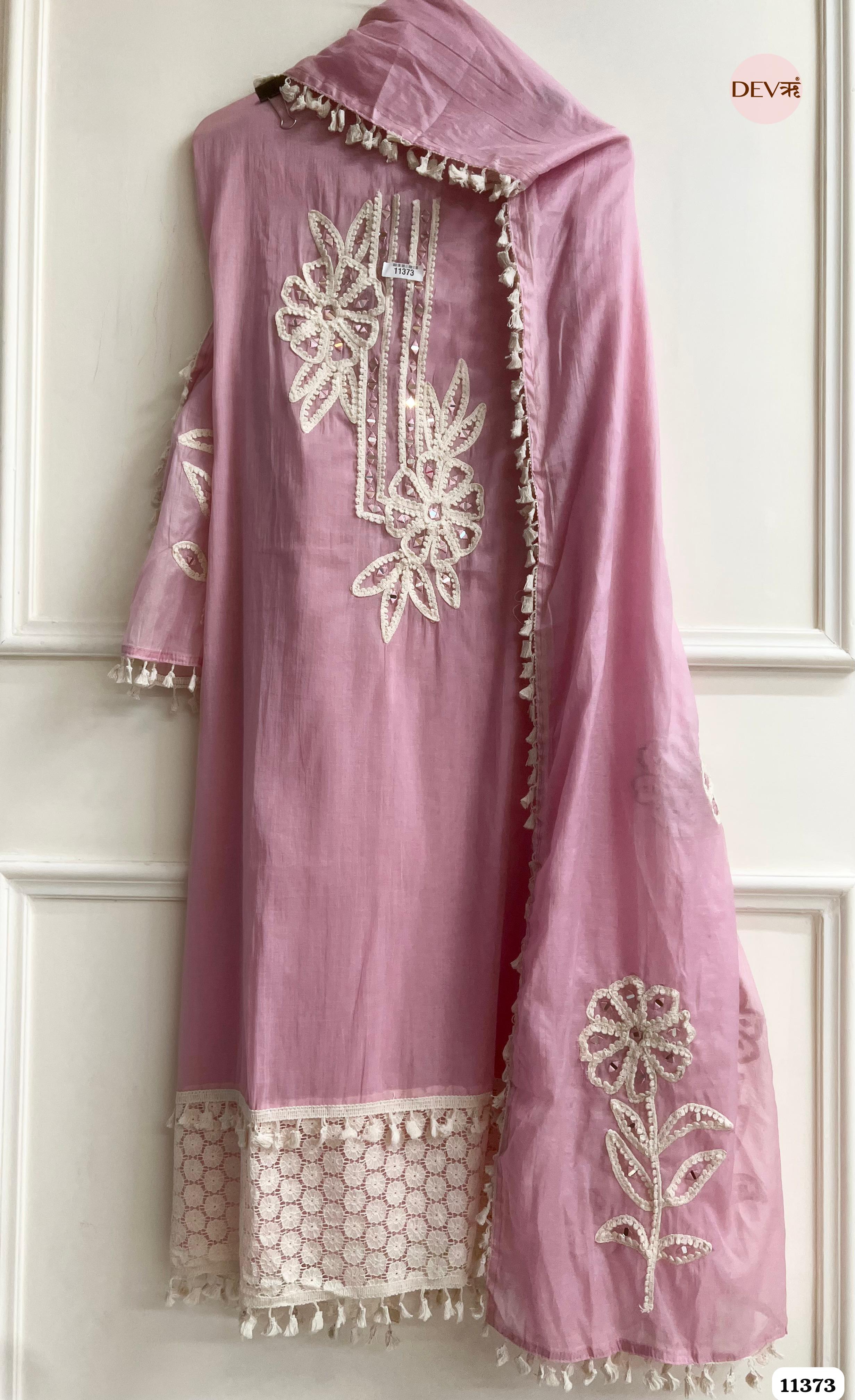 Pink Mul Chanderi Unstitched Hand Embroidered -Set Of 3 {11373}