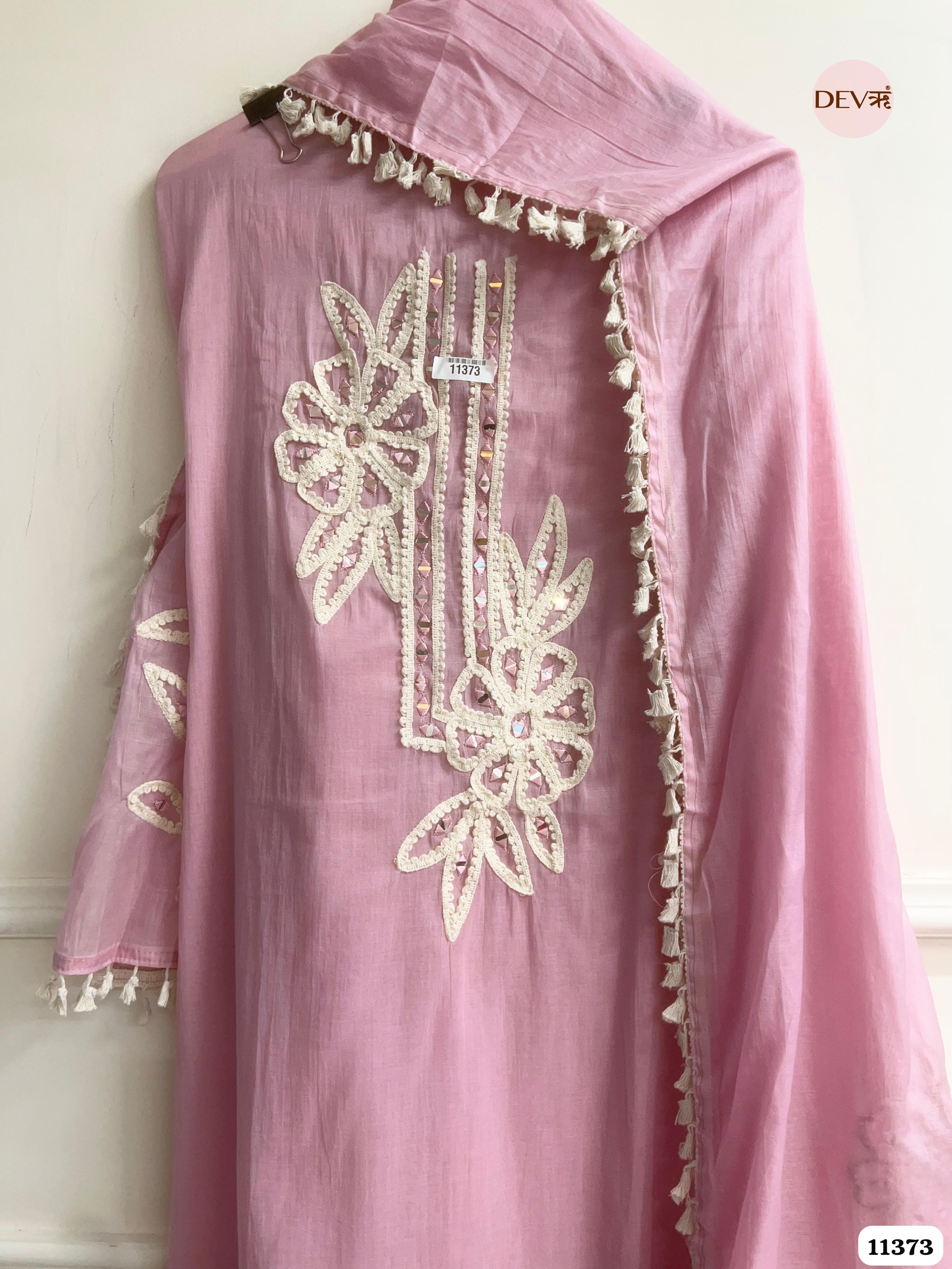 Pink Mul Chanderi Unstitched Hand Embroidered -Set Of 3 {11373}