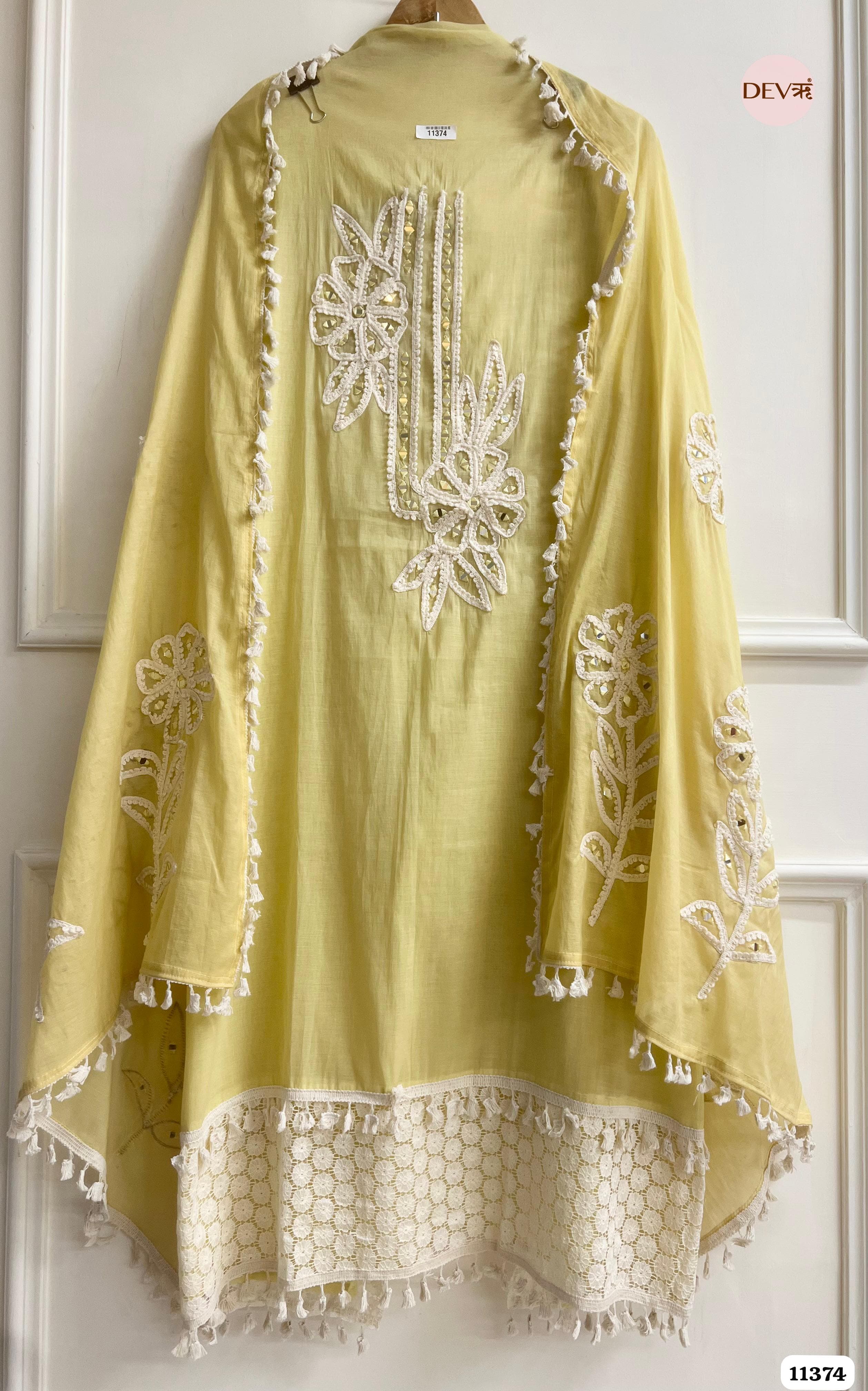 Yellow Mul Chanderi Unstitched Hand Embroidered -Set Of 3 {11374}
