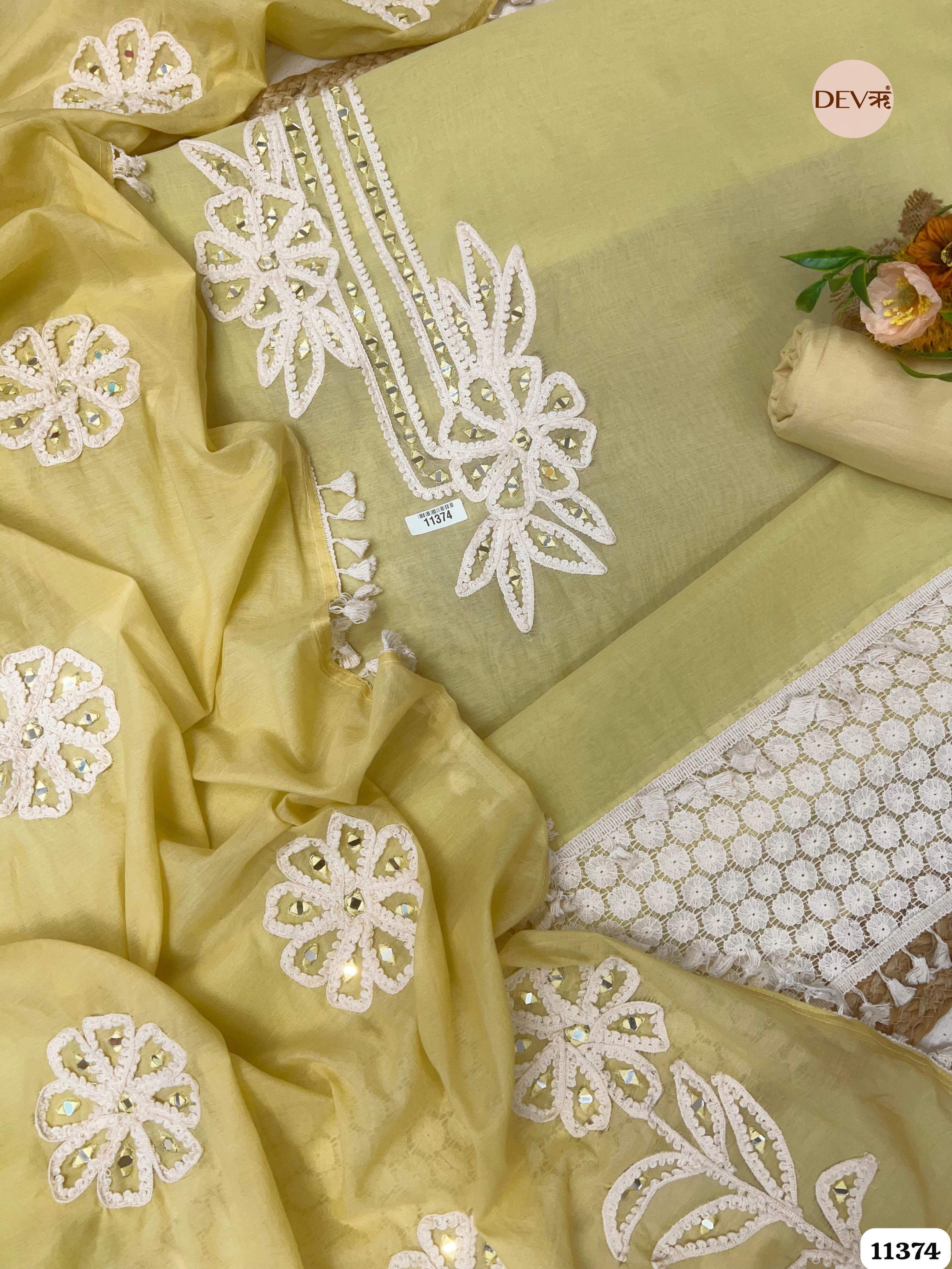 Yellow Mul Chanderi Unstitched Hand Embroidered -Set Of 3 {11374}