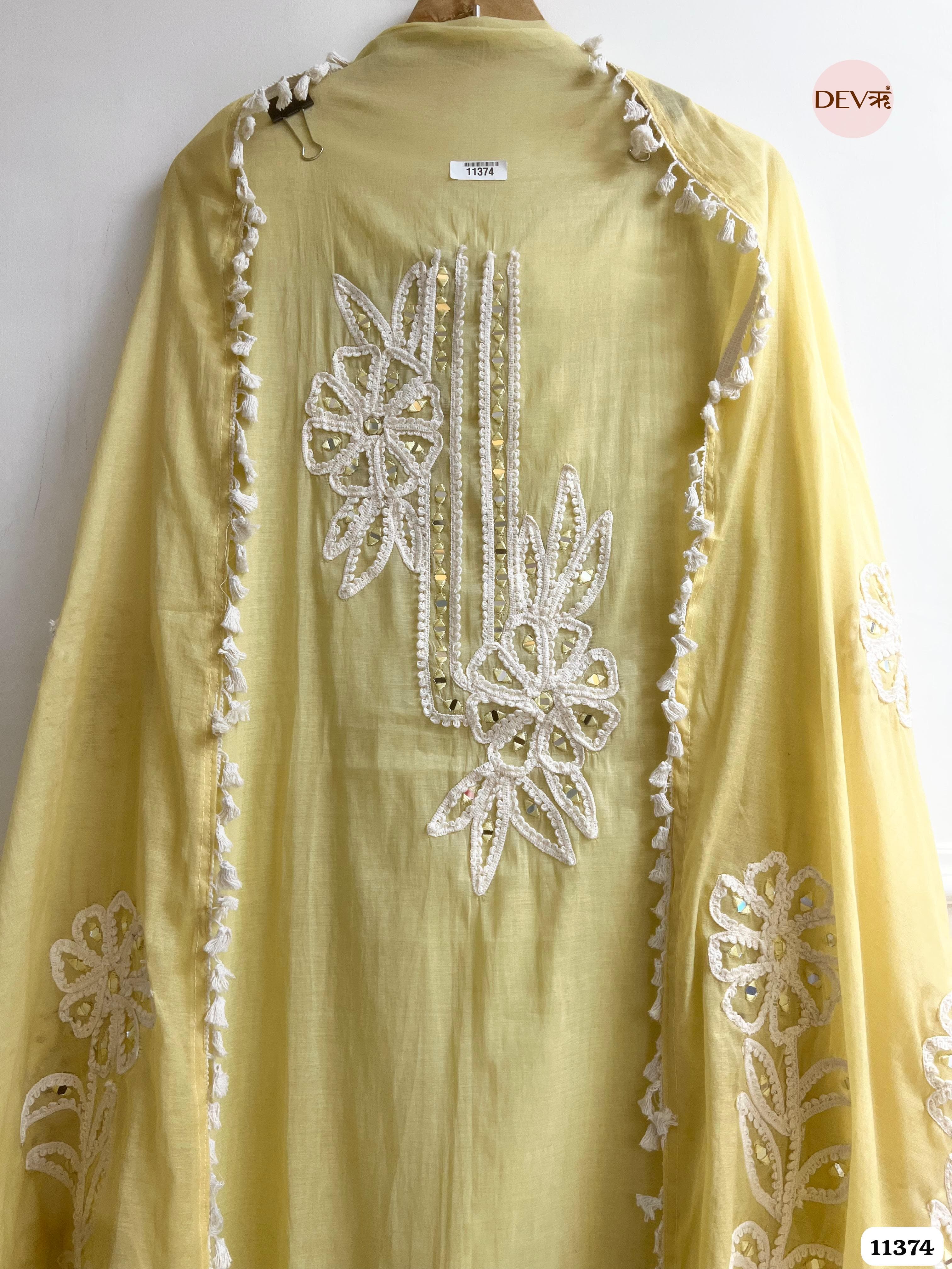 Yellow Mul Chanderi Unstitched Hand Embroidered -Set Of 3 {11374}