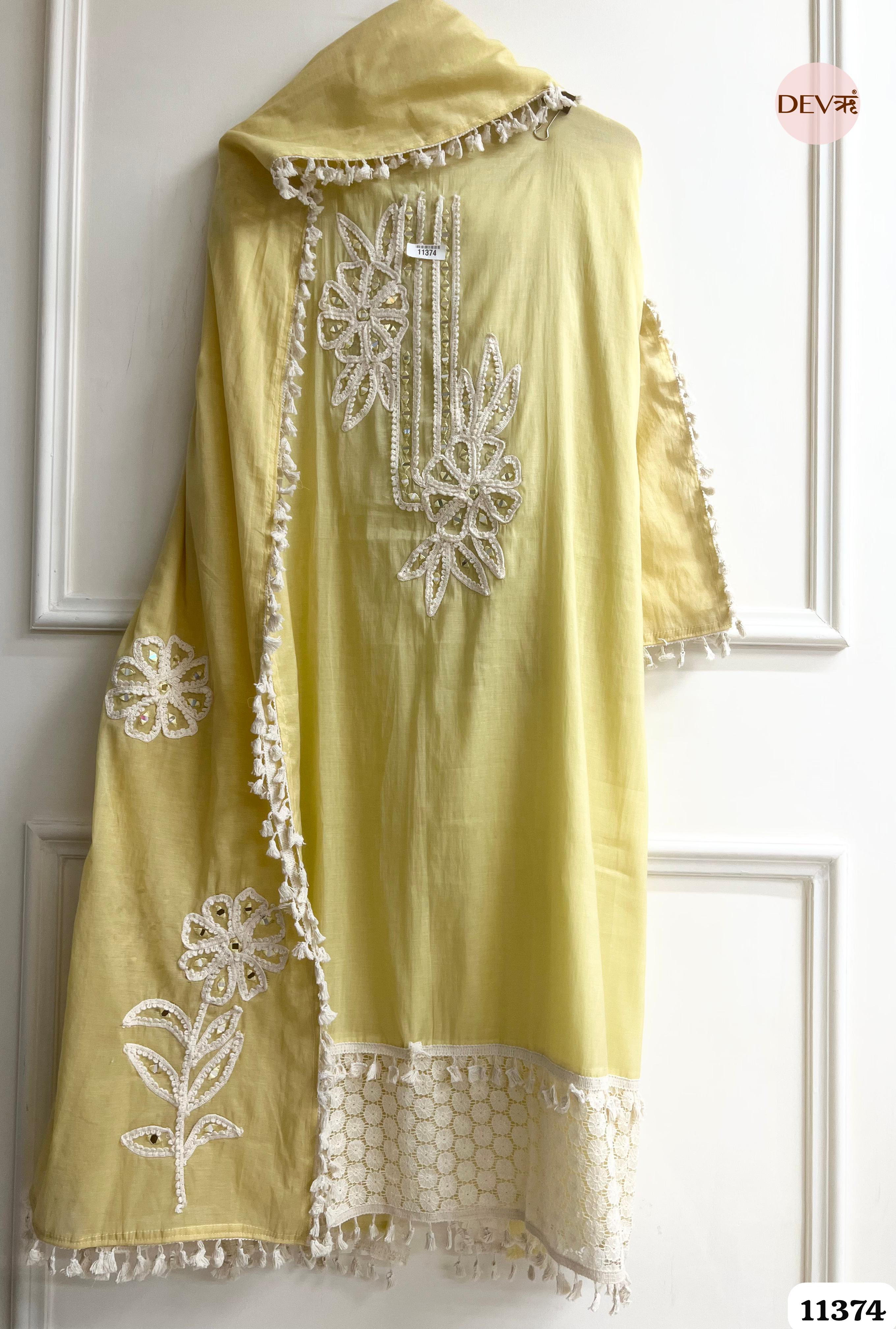 Yellow Mul Chanderi Unstitched Hand Embroidered -Set Of 3 {11374}