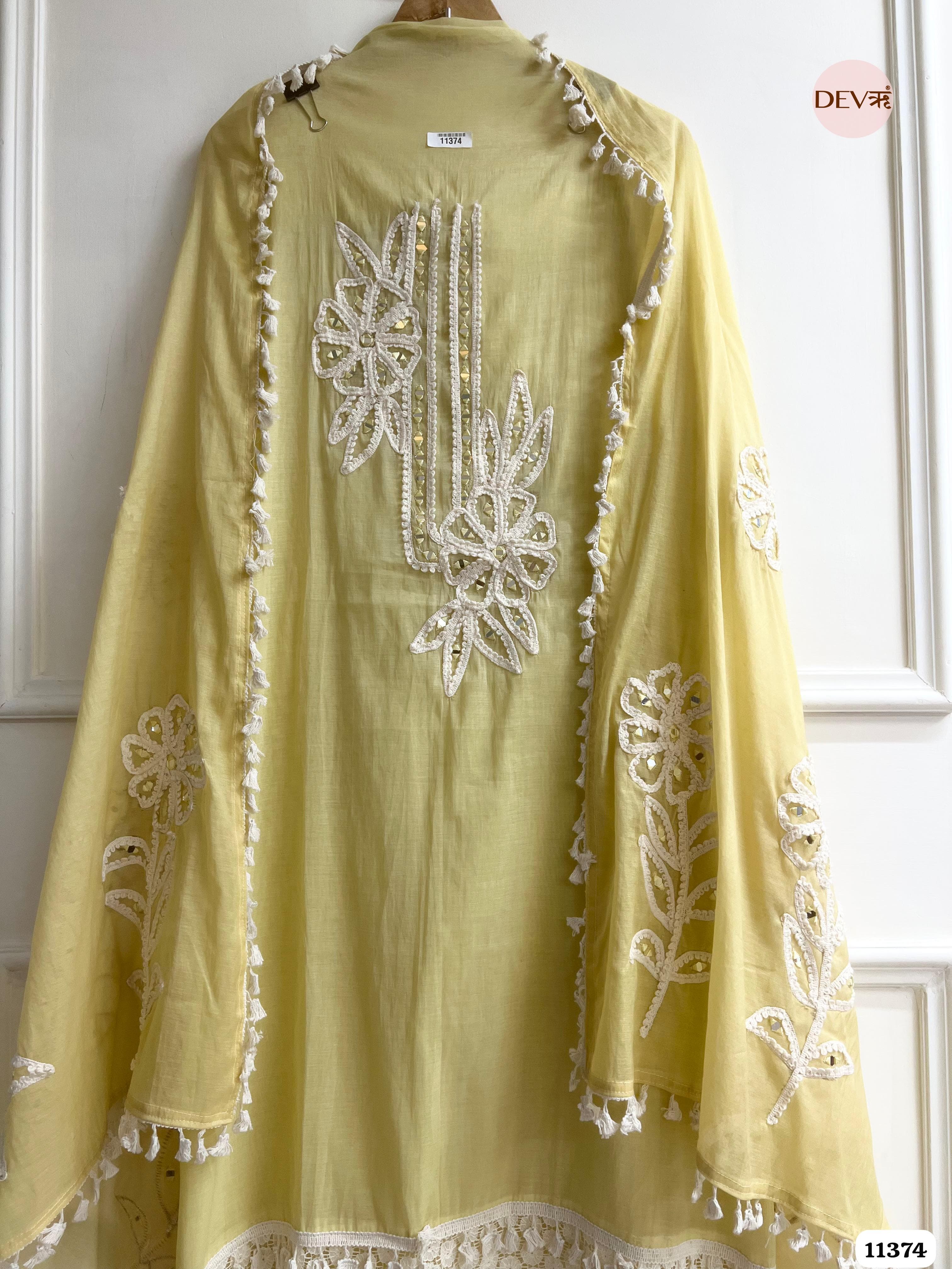 Yellow Mul Chanderi Unstitched Hand Embroidered -Set Of 3 {11374}