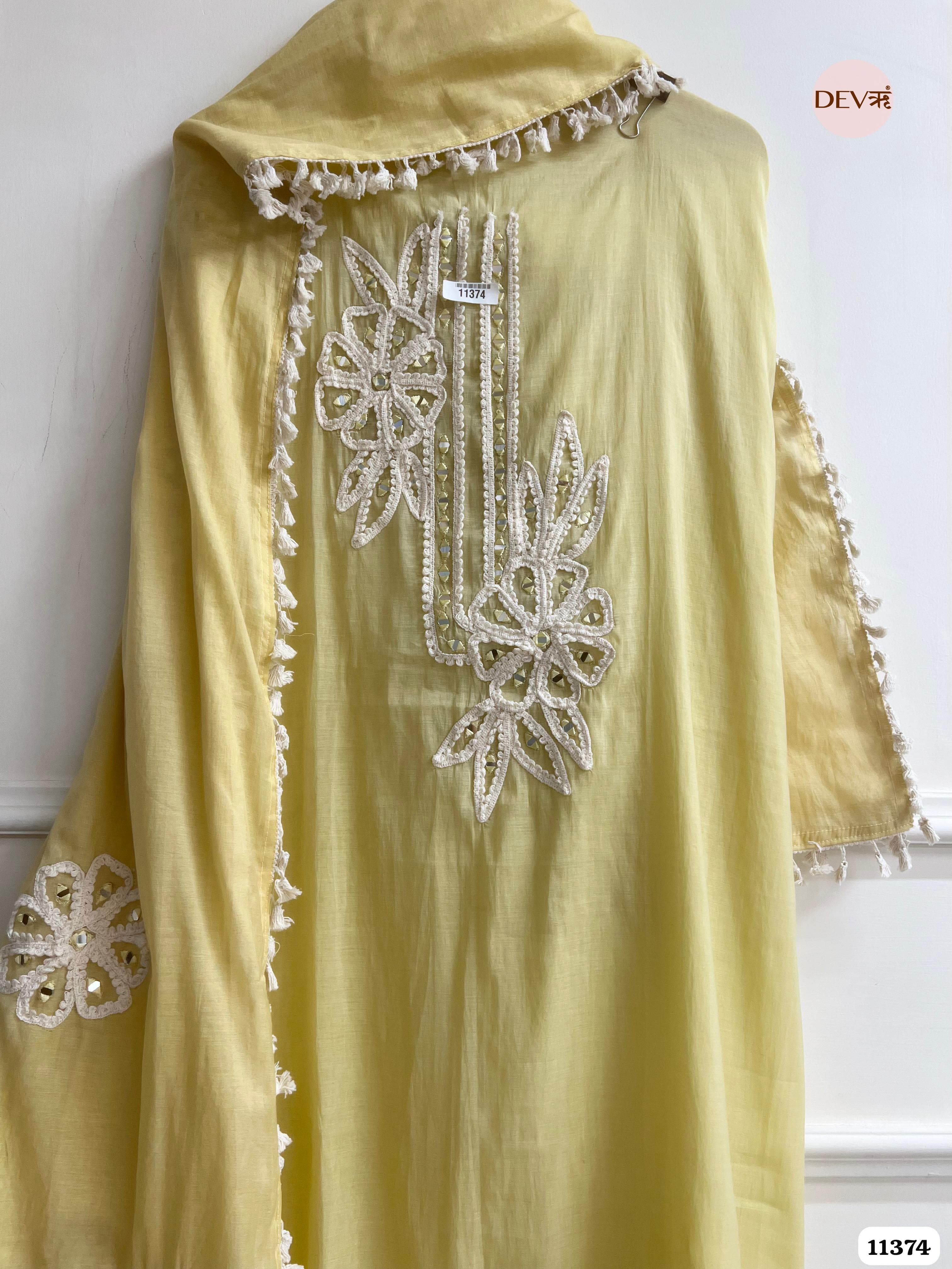 Yellow Mul Chanderi Unstitched Hand Embroidered -Set Of 3 {11374}
