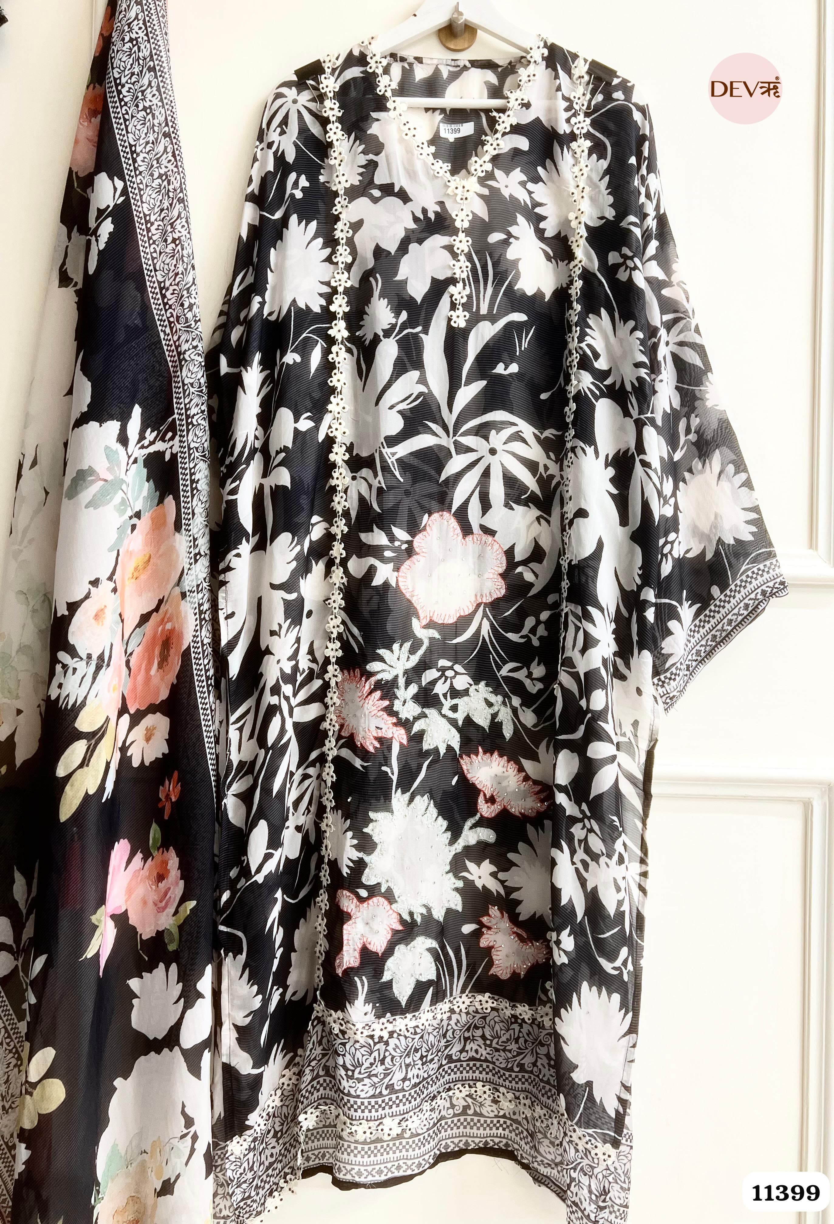 Black And White Organza Semi Stitched Printed Hand Embroidered -Set Of 3 {11399}