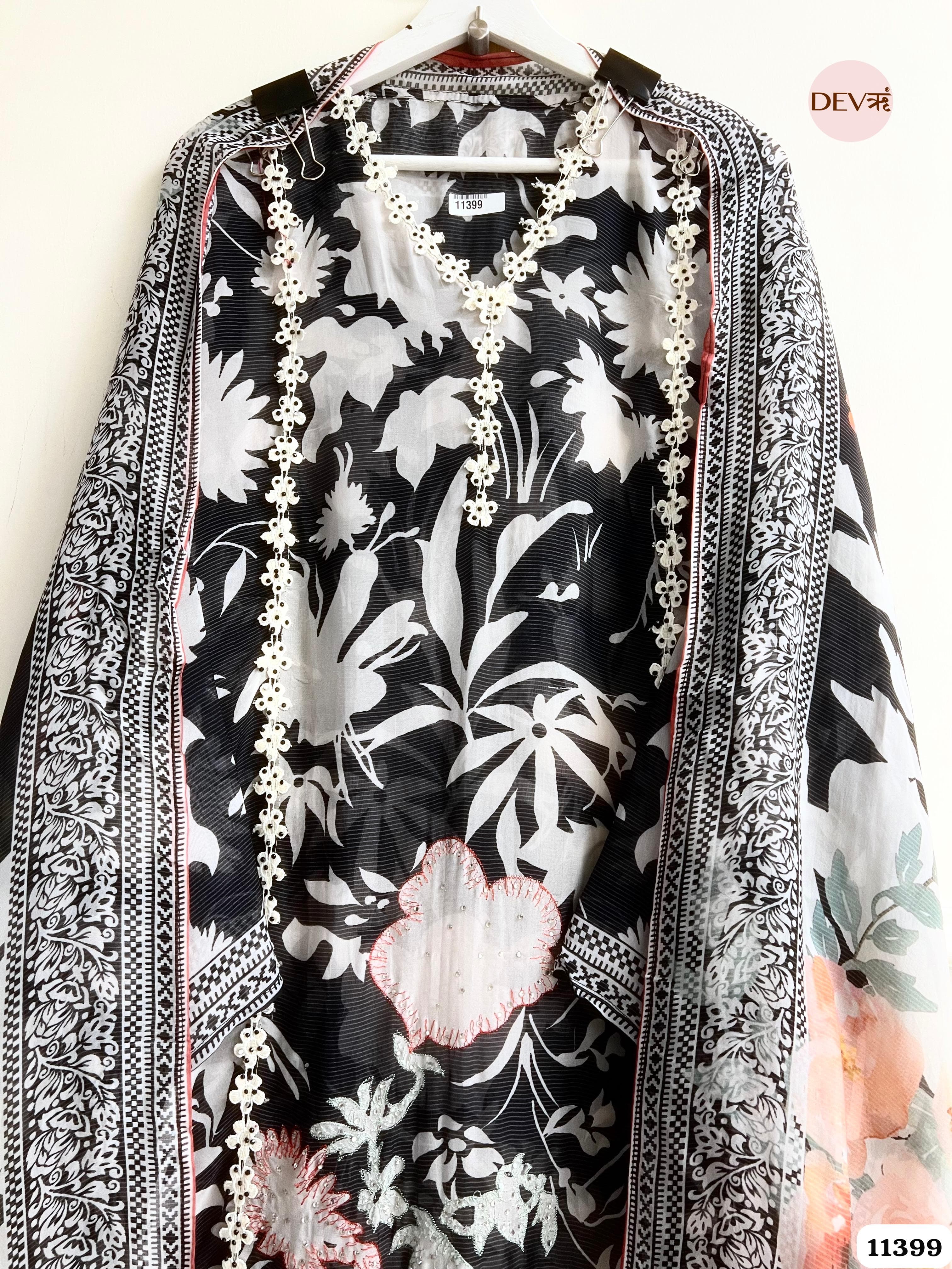 Black And White Organza Semi Stitched Printed Hand Embroidered -Set Of 3 {11399}