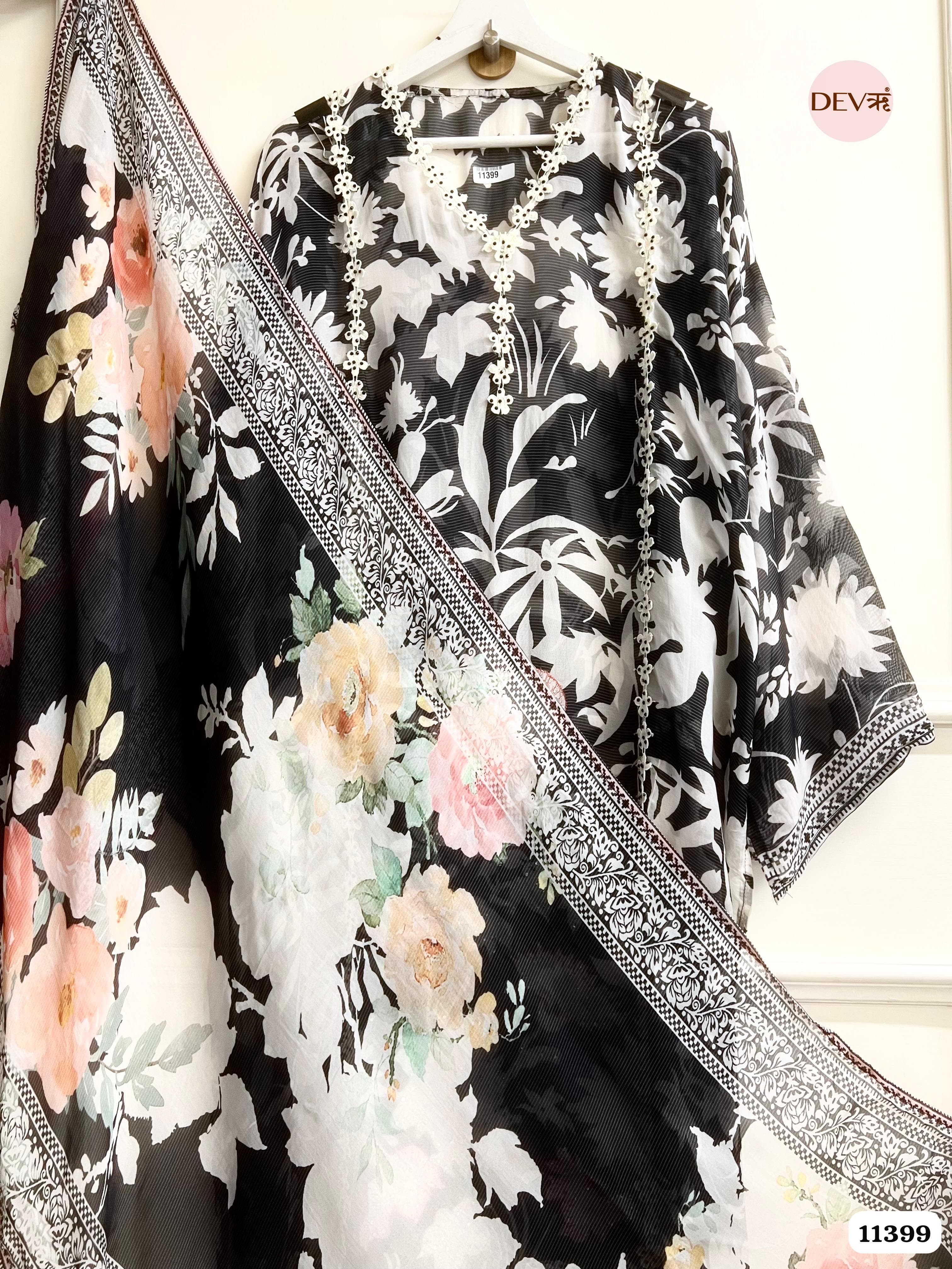 Black And White Organza Semi Stitched Printed Hand Embroidered -Set Of 3 {11399}