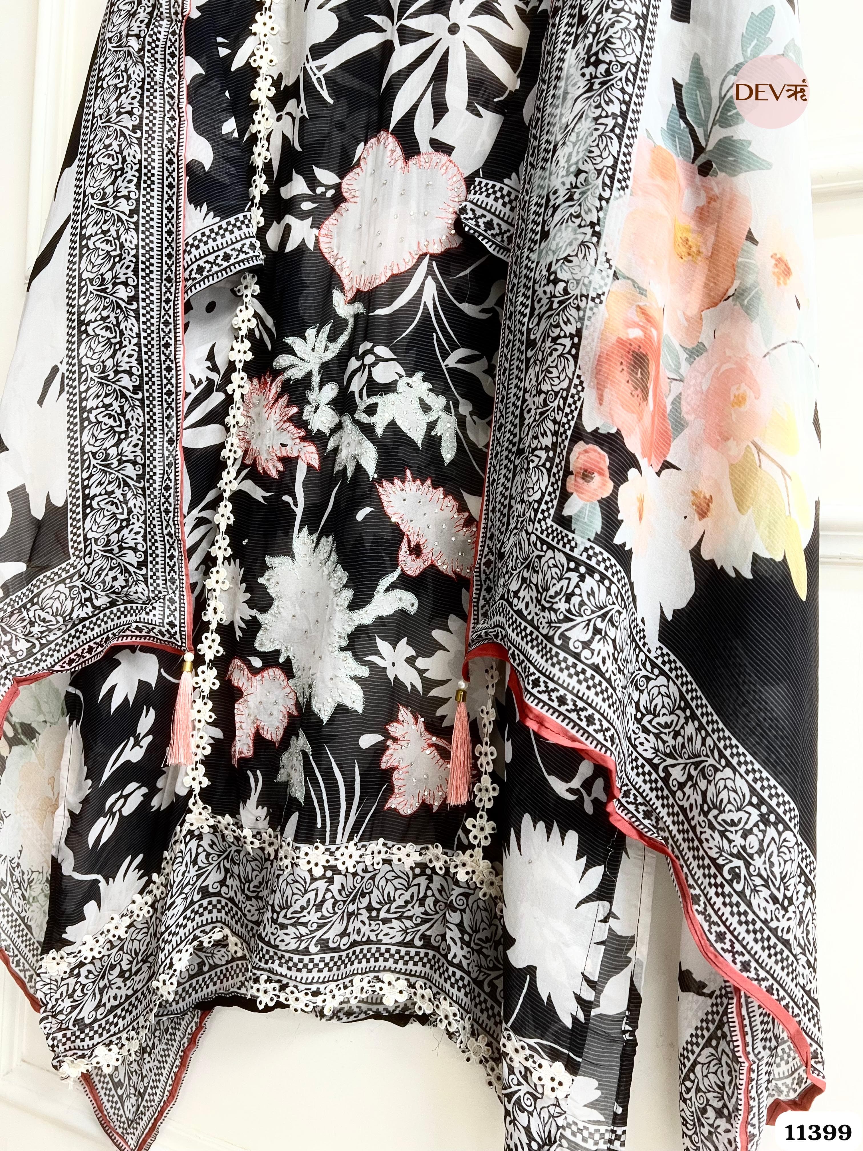 Black And White Organza Semi Stitched Printed Hand Embroidered -Set Of 3 {11399}
