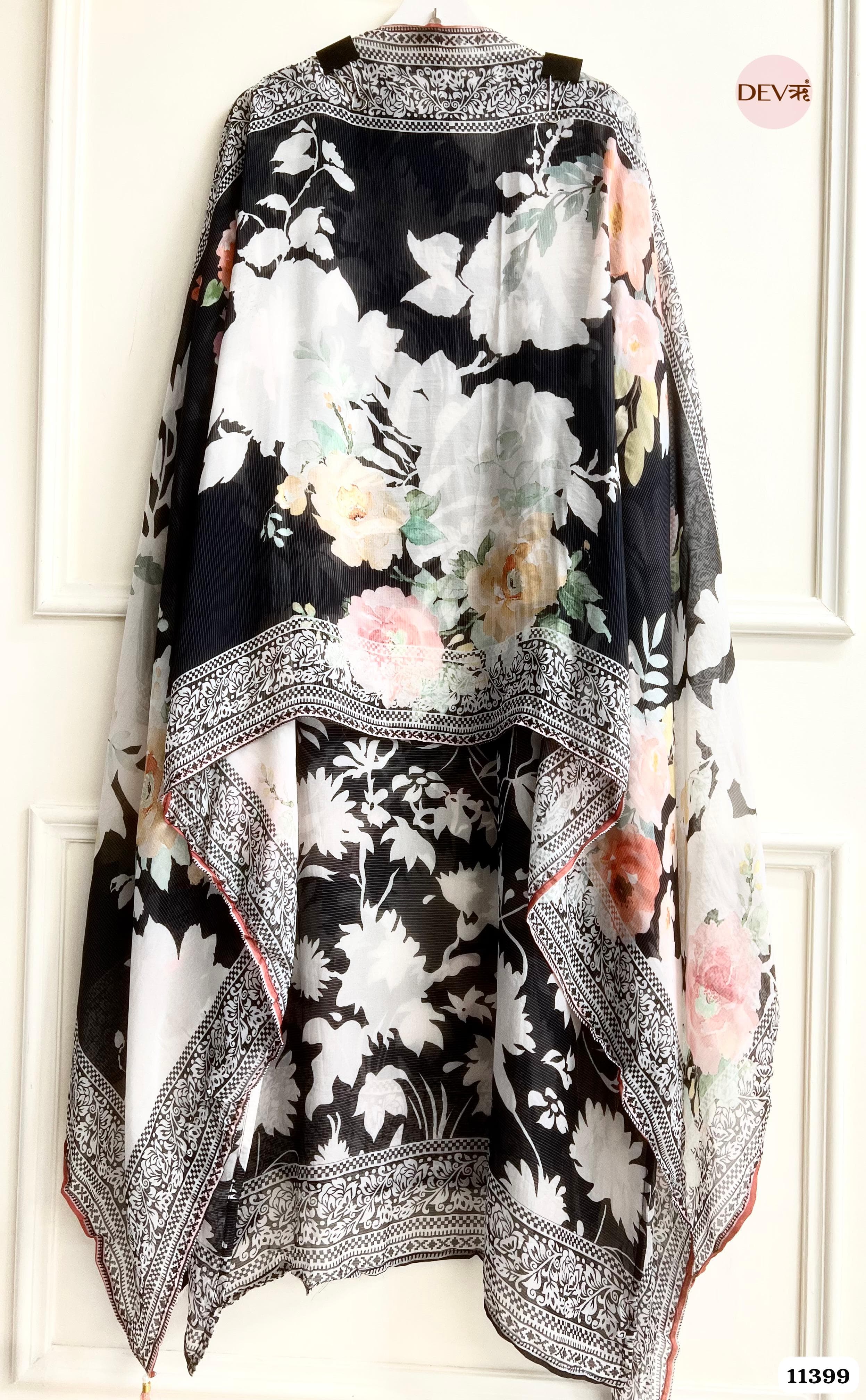 Black And White Organza Semi Stitched Printed Hand Embroidered -Set Of 3 {11399}